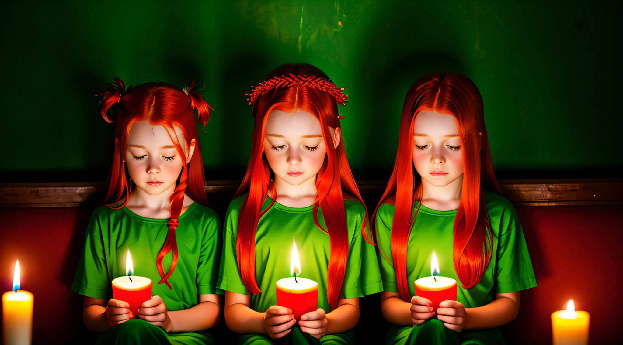 girl children REDHEADS WITH STRAIGHT HAIR ON HEAD TIES GREEN COLOR, PRAYING, RED BACKGROUND, CANDLES WITH FIRE.