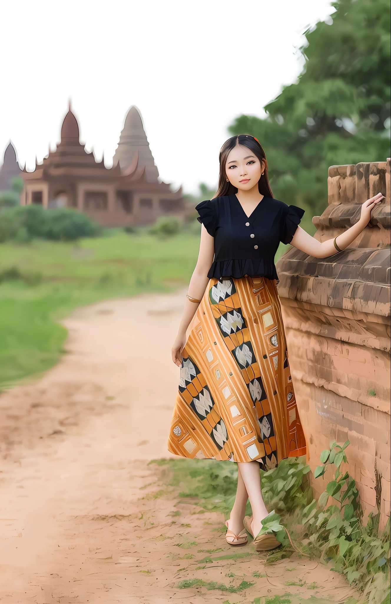 Background Bagan pagoda, beautiful girl, standing in front of pagoda, bright eyes, beautiful eyes beautiful face, professional lighting,