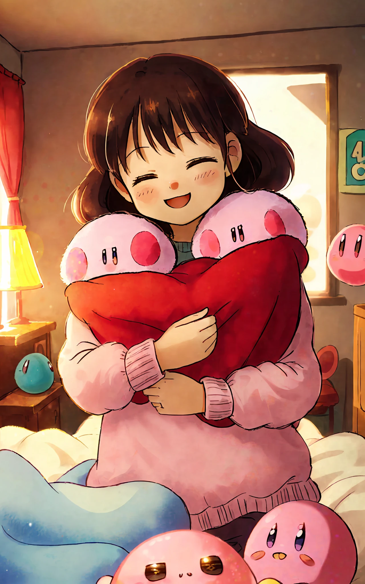 ((cute smol happy girl:1.3)), hugging her solo ((Kirby:1.2)), warm lighting, loving, cozy bedroom,(colorful+beautifully messy), (closed eyes: 1.2), blankets