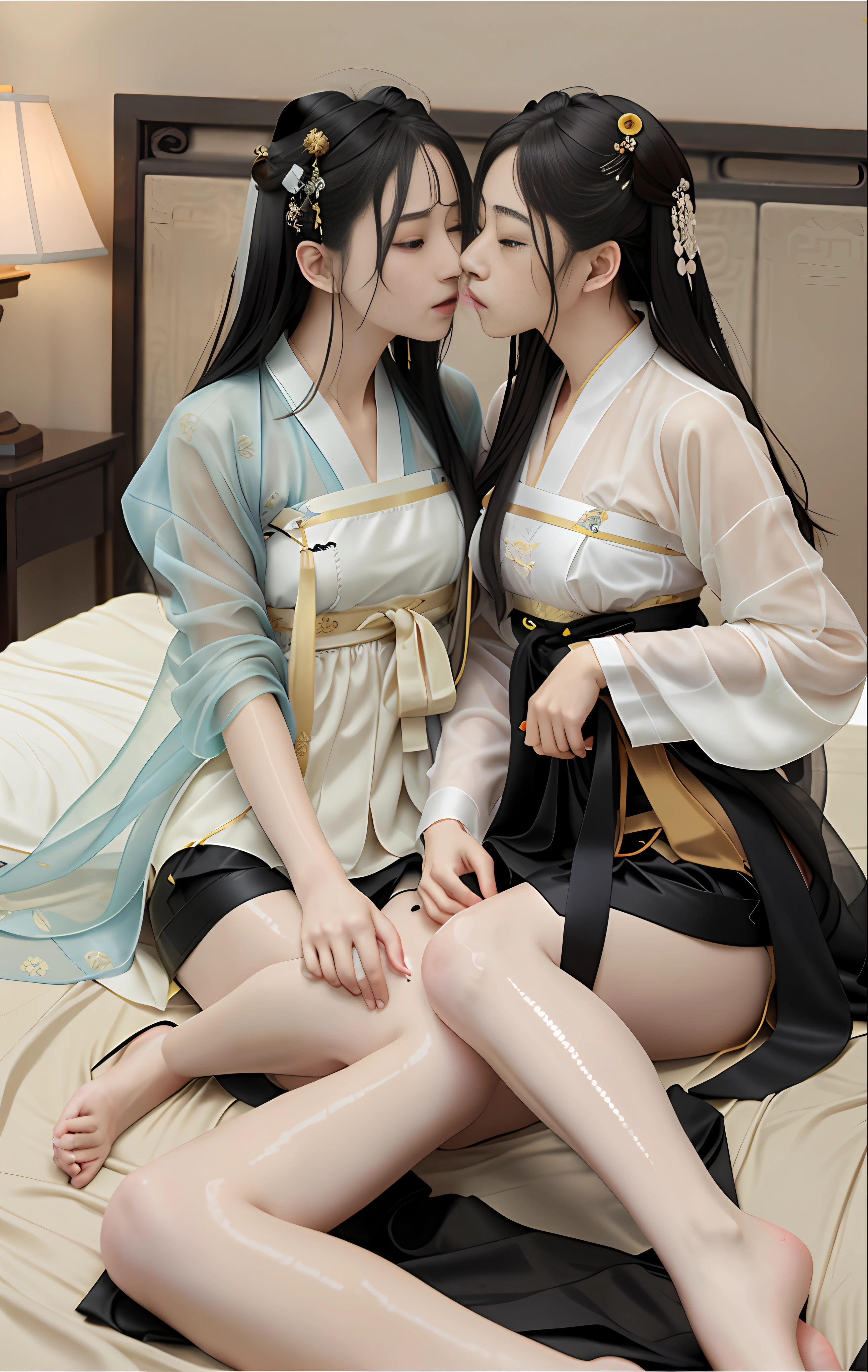 High quality, masterpiece, masterpiece, exquisite facial features, delicate hair, delicate eyes, delicate colored hair, 4K picture quality, brilliant light and shadow, Tyndall effect, halo, black hair, youthful state, , chains, , big eyes ancient Chinese beauty, very detailed, woman lying on bed, (man riding on woman) Hanfu, Chinese style, martial arts, sexy, transparent, wet, bare legs, bare breasts, (men and women hug and kiss), (hands reach into skirts to touch breasts)
