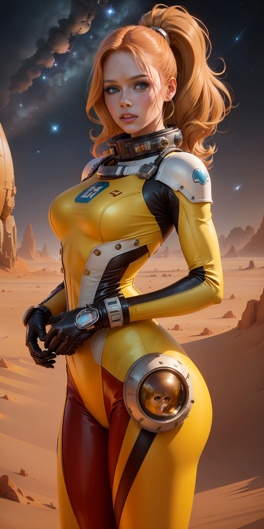 A woman in a spacesuit stands, next to a sci-fi fighter, art trends, realistic female faces, delicate and good-looking faces, matte art, single yellow, looks a bit like Amy Adams, Red Desert Mars, Kylie Minogue as Barbarella, Ian Hubert's style, map Patreon, 70s colors, Valerian
