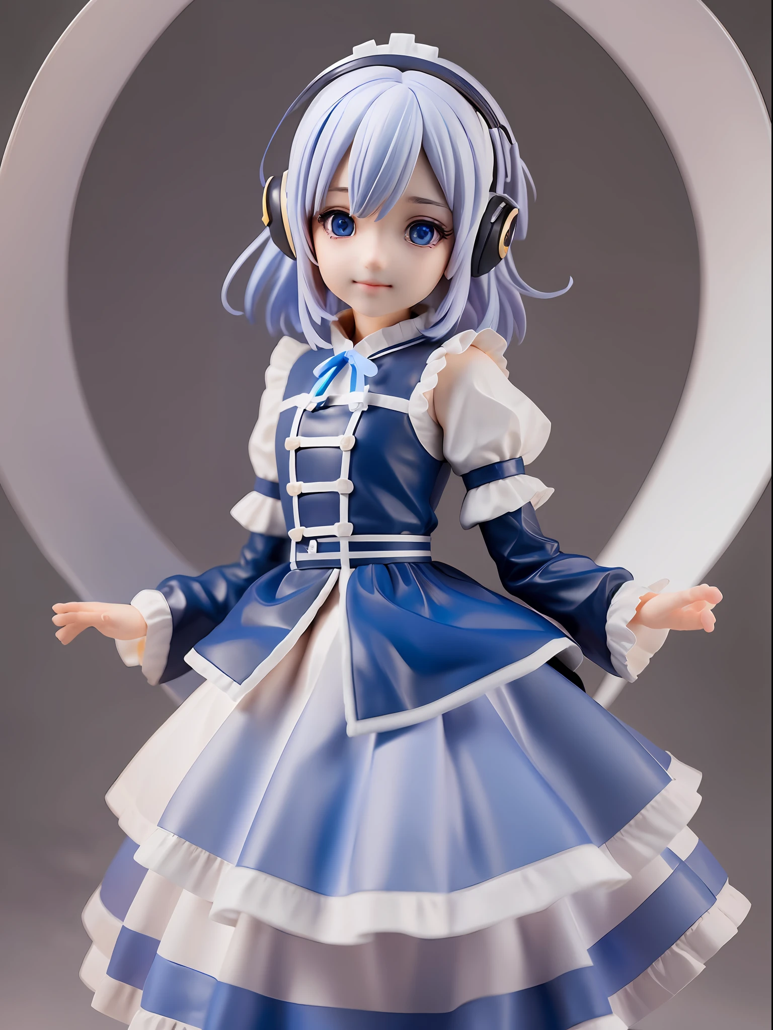 1girl,white hair,((bule hair tips)),(black headphone),maid clothes(white blue),big blue ribbon,blue eye,hand up, short hair,hair between eyes BREAK full body, chibi, [realistic], [3d], (3dcg), ((octane render)), [fisheye], smile, closed mouth BREAK (8k, RAW photo, best quality, masterpiece:1.2), ultra high res, (((realistic, photo-realistic))), professional lighting, detailed lighting, professional photography, fisheye, dynamic angle, high quality, high res, extremely detailed, bloom BREAK depth of field, sketch, sharp focus, soft lighting, good composition, god light highlight, detailed, (((photorealistic details))), detailed skin, to8contrast style