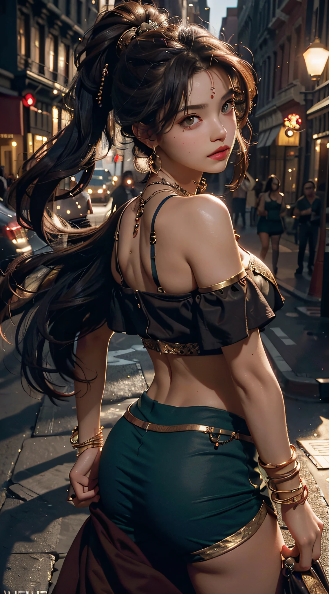 Top quality, masterpiece, ultra high definition, (Reality: 1.4), Original photo, 1Girl, brown eyes, off-shoulder, cinematic lighting, big, dark eyeliner, brown hair, wind, necklace, piercing, bangles, abs, buckshot, back,