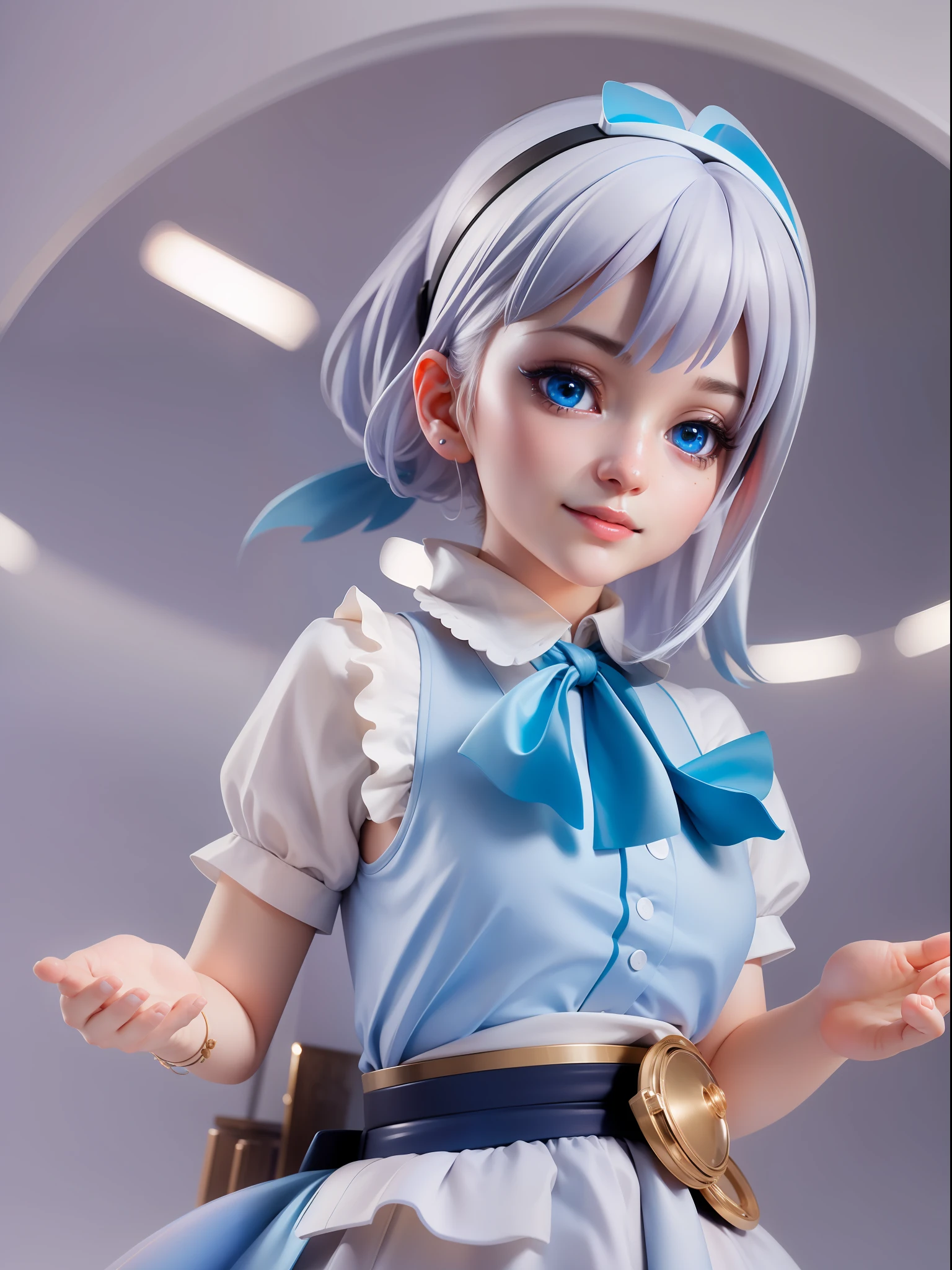 1girl,white hair,((bule hair tips)),black headphone,maid clothes(white blue),blue eye,hand up, short hair,hair between eyes BREAK full body, chibi, [realistic], [3d], (3dcg), ((octane render)), [fisheye], smile, closed mouth BREAK (8k, RAW photo, best quality, masterpiece:1.2), ultra high res, (((realistic, photo-realistic))), professional lighting, detailed lighting, professional photography, fisheye, dynamic angle, high quality, high res, extremely detailed, bloom BREAK depth of field, sketch, sharp focus, soft lighting, good composition, god light highlight, detailed, (((photorealistic details))), detailed skin, to8contrast style