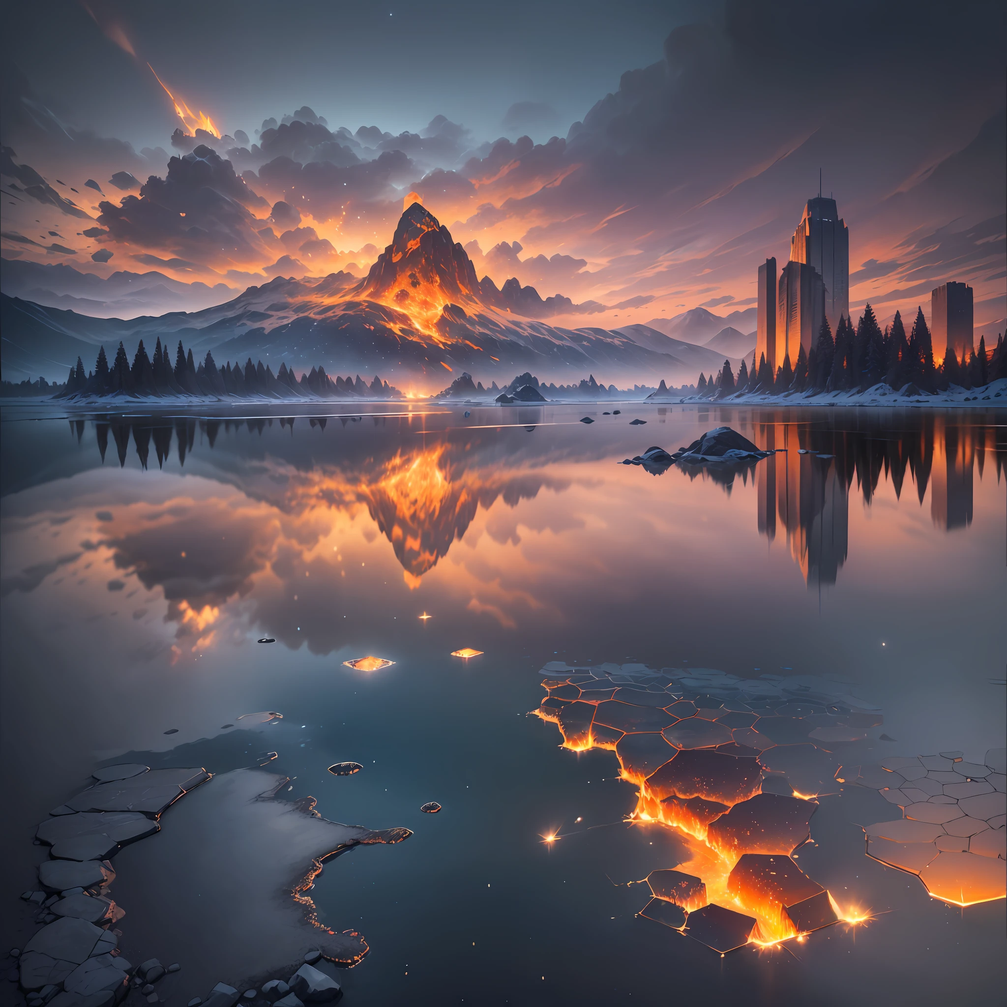 Extensive landscape computer ultrasound photography (general view, which shows a glass tower, (detailed description of the tower), sky, frozen reflection (detailed), clouds (detailed), as well as dawn (detail), lake (detail), mercury on the surface of the lake, burning surface, one gray-haired guy in a shirt and trousers (1: 3), (ultradetailed description of appearance), standing in fire, crystals (crystals: 1,2), reflection in mercury crystals, burning lava (dripping lava 1: 2), (falling stones: 0.9), (fire: 1.3), mercury, glass, fire stones, lava, tower BREAK production art, (cold light source:1.2), (Firefly:1.2), fire particles, dark, red, yellow and orange, complex details, volumetric lighting, realism BREAK (masterpiece:1.2), (best quality), 4k, ultra-detailed, (dynamic composition: 1.4), high detailed, colorful details, (gloomy colors: 1.2), (luminous lighting, atmospheric lighting), gloomy, dark, magical, (solo: 1.2) --auto --s2