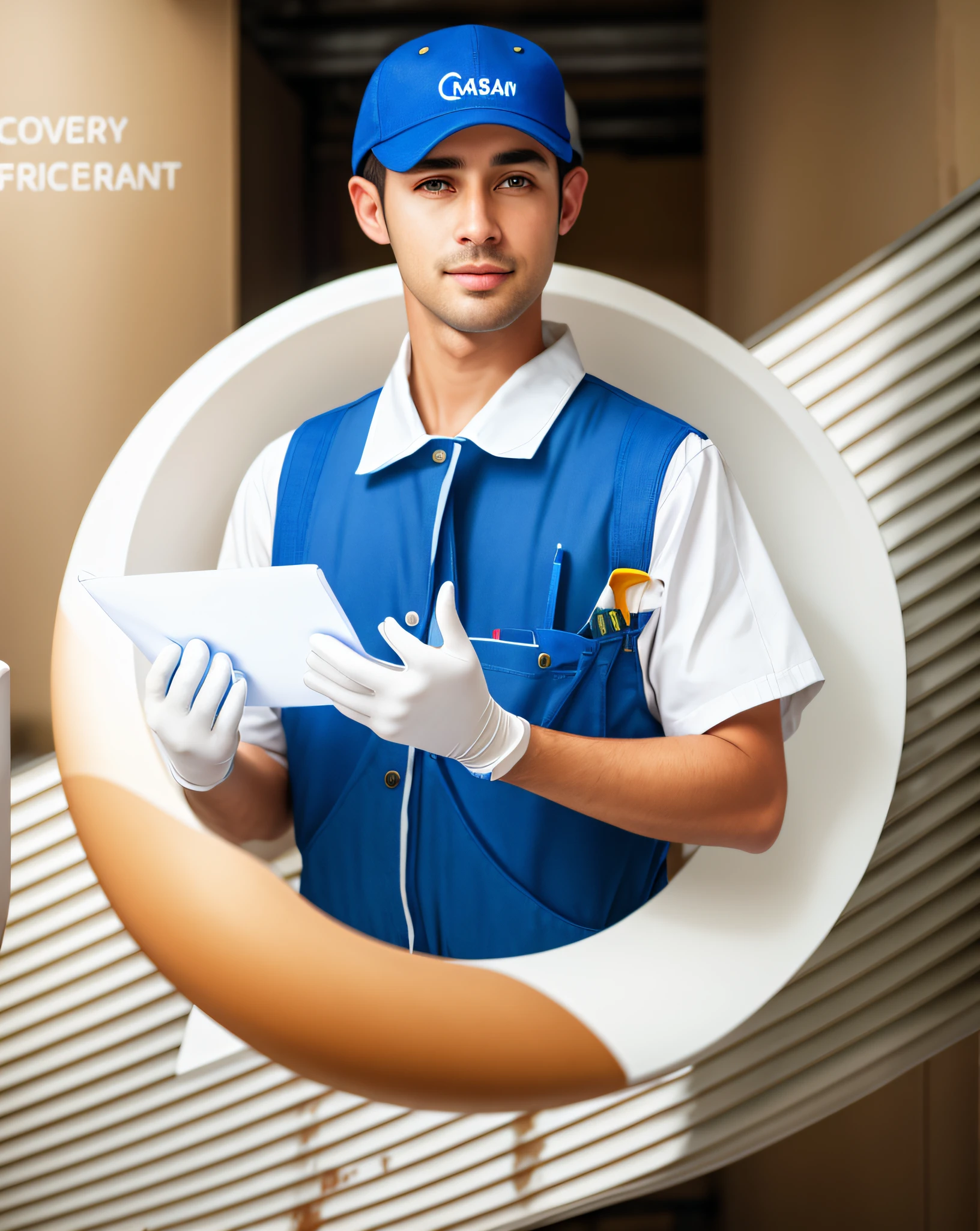 Realistic photography, caps, overalls, maintenance workers, white gloves