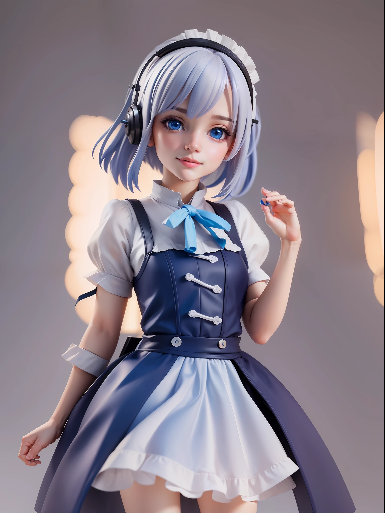 1girl,white hair,((bule hair tips)),black headphone,maid clothes(white blue),blue eye,hand up, short hair,hair between eyes BREAK full body, chibi, [realistic], [3d], (3dcg), ((octane render)), [fisheye], smile, closed mouth BREAK (8k, RAW photo, best quality, masterpiece:1.2), ultra high res, (((realistic, photo-realistic))), professional lighting, detailed lighting, professional photography, fisheye, dynamic angle, high quality, high res, extremely detailed, bloom BREAK depth of field, sketch, sharp focus, soft lighting, good composition, god light highlight, detailed, (((photorealistic details))), detailed skin, to8contrast style