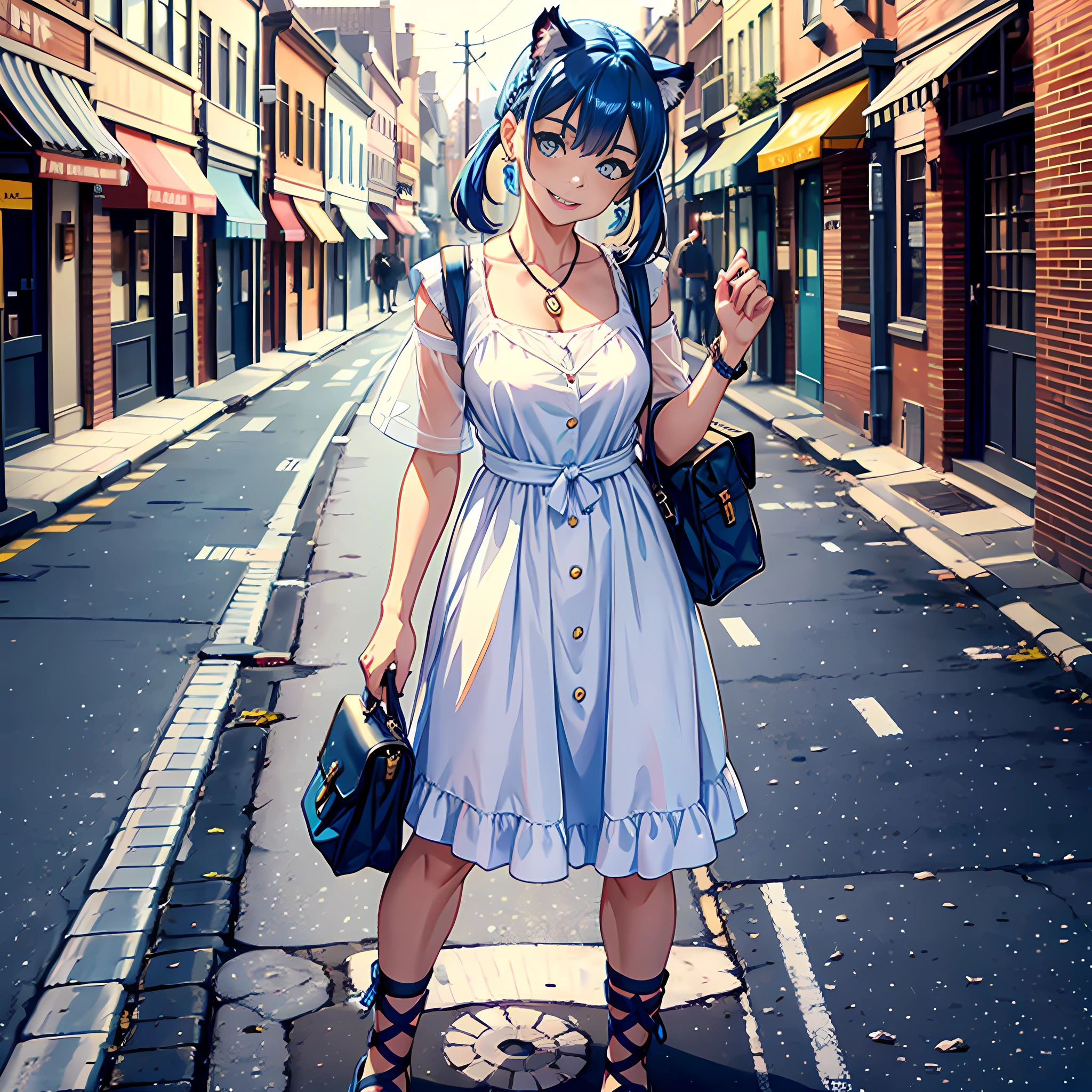 1 woman, tiger teeth, blue hair, blue pupils, white dress, smile, cute, satchel, standing on the street, surreal