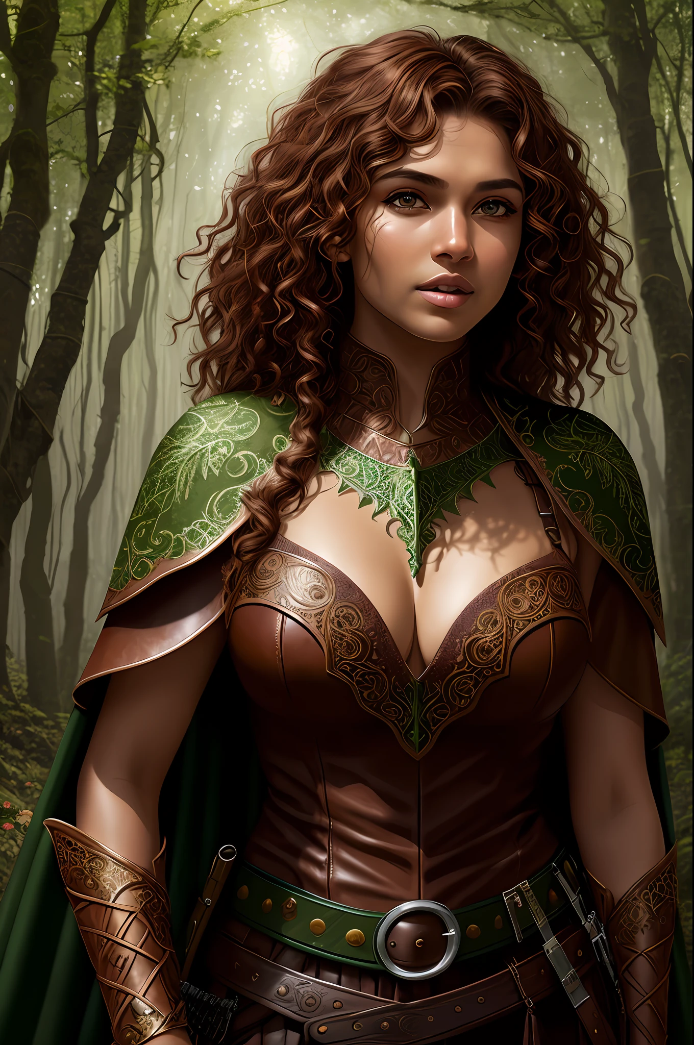 masterpiece, 3d render, cgi, symetrical, octane render, 35mm, intricate details, hdr, intricate details, hyperdetailed, natural skin texture, hyperrealism, sharp, 1 girl, young woman, (elven:0.6), tanned bronzed skin, dark skin, small breasts, portrait, looking up, solo, (full body:0.6), detailed background, green eyes, reddish brown curly textured medium hair, detailed face, robin hood, dynamic pose, medieval fantasy setting, high fantasy, brown leather clothes, capelet, puch, straps, belt, serene forest, bushes, ivy, roots, moss, falling leaves, flowers, birds, feathers, sunshine, mist