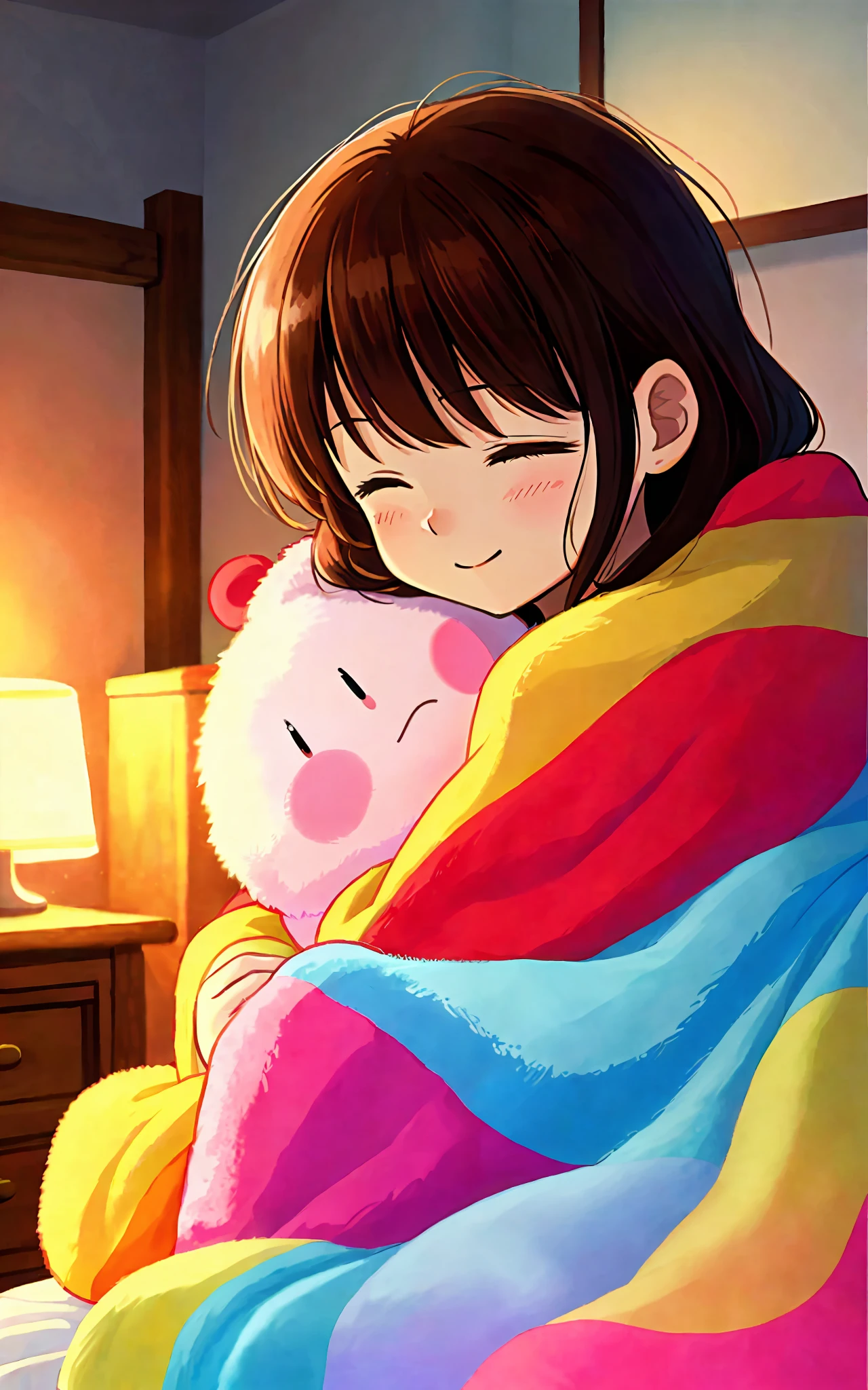 cute smol happy 1girl hugging her solo cute happy Kirby +  warm lighting, loving, cozy bedroom, colorful, (eyes closed)+, blankets