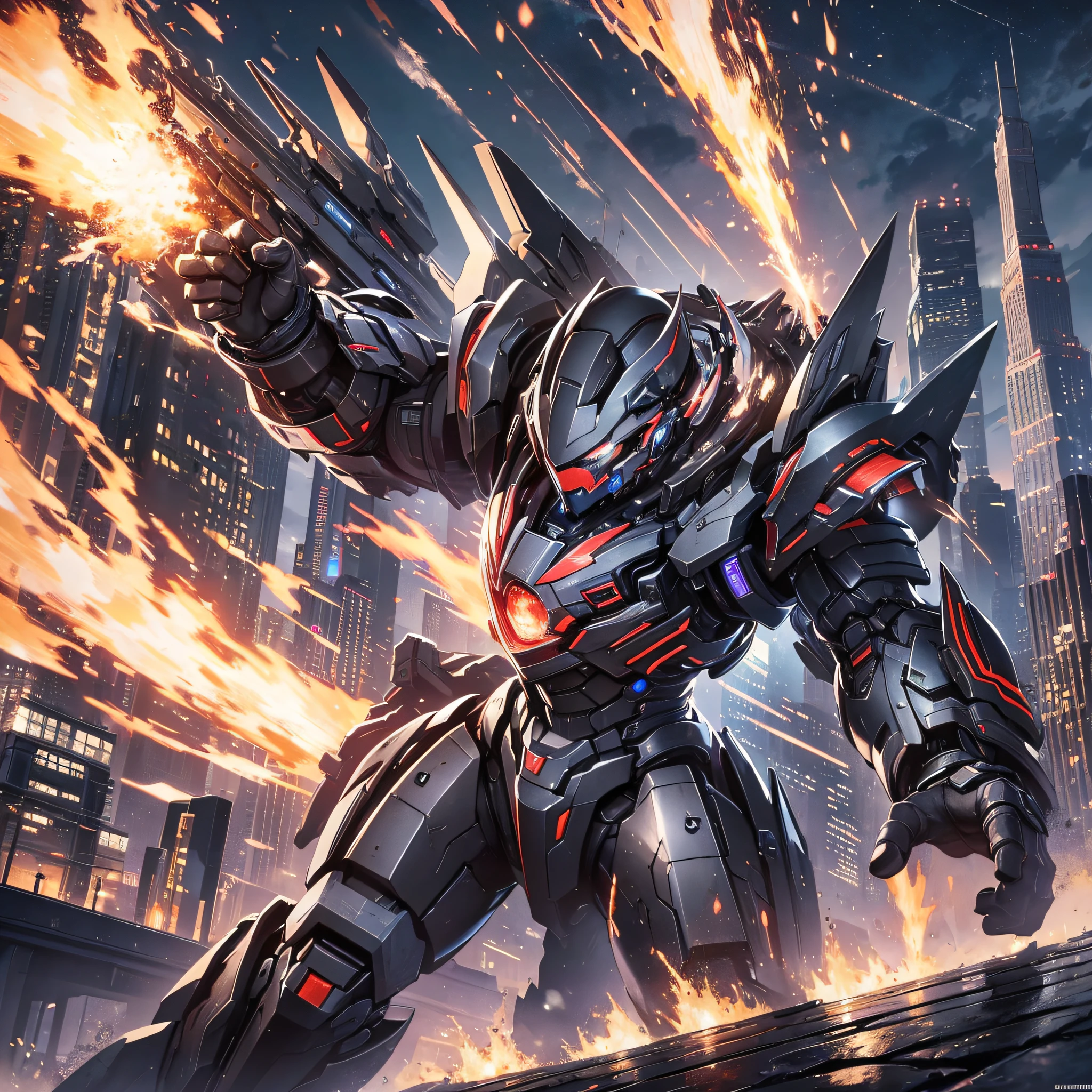 Absurd Resolution, High Resolution, (Masterpiece: 1.4), Hyper Detail, Night, A Mech, Black Armor, Combat, Monsters, Attack, Fire, Shock, Fist Swing Attack (1.4)