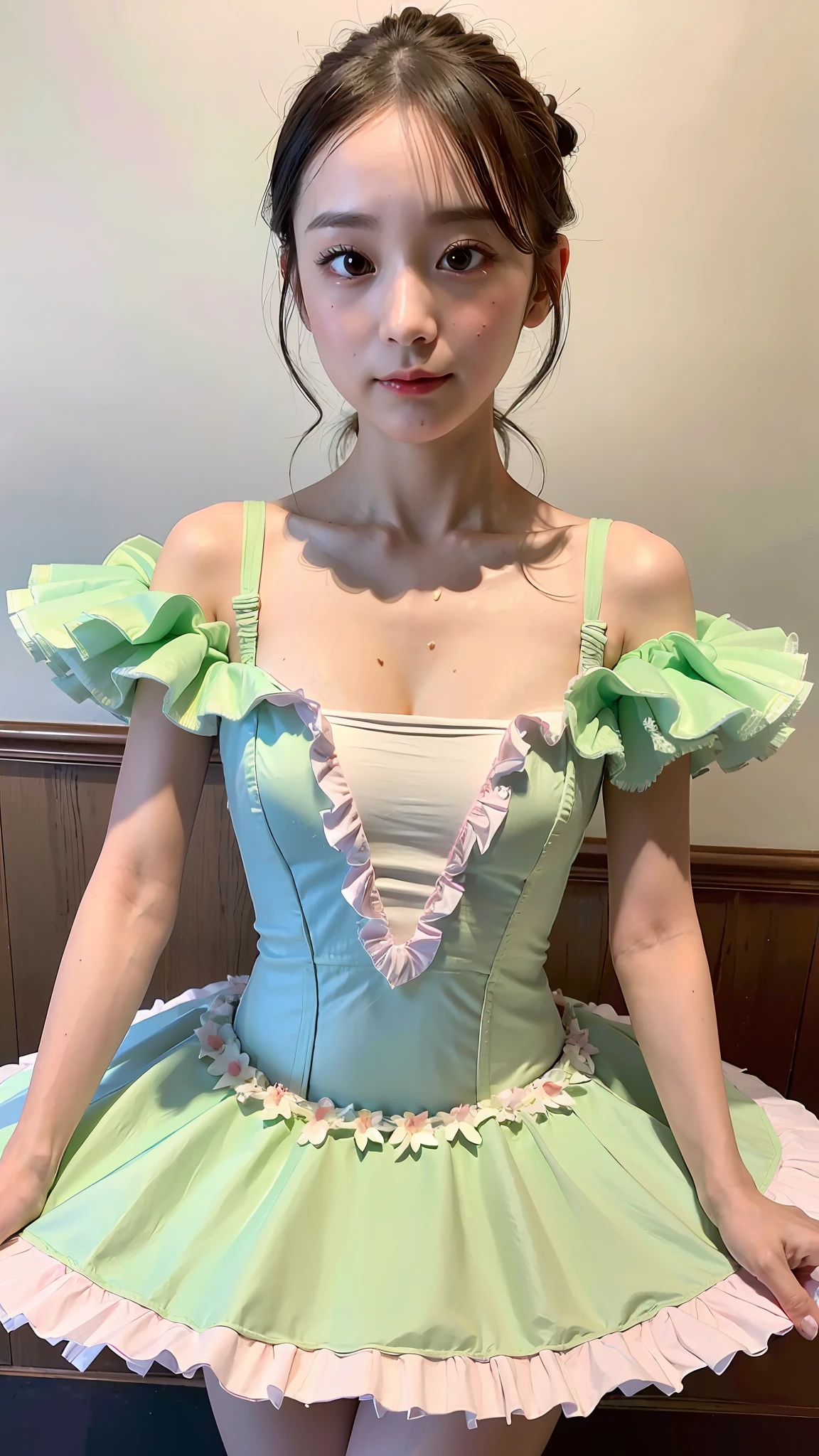 (Best quality, 8k, 32k, Masterpiece, UHD:1.2), Photo of Pretty Japanese woman, 1girl, (RAW photo), (realistic), (photorealistic:1.3), (high res), ultra detailed, Primaballerina_tutu, majolica color tutu, incredibly beautifull face and eyes, (loli:1.3), round small face, (gigantic breasts, cleavage, thin waist, slim proportions), bed, (sweaty), (from below), (crotch:1.2), knee, platter tutu ballet skirt, pancake tutu ballet skirt,