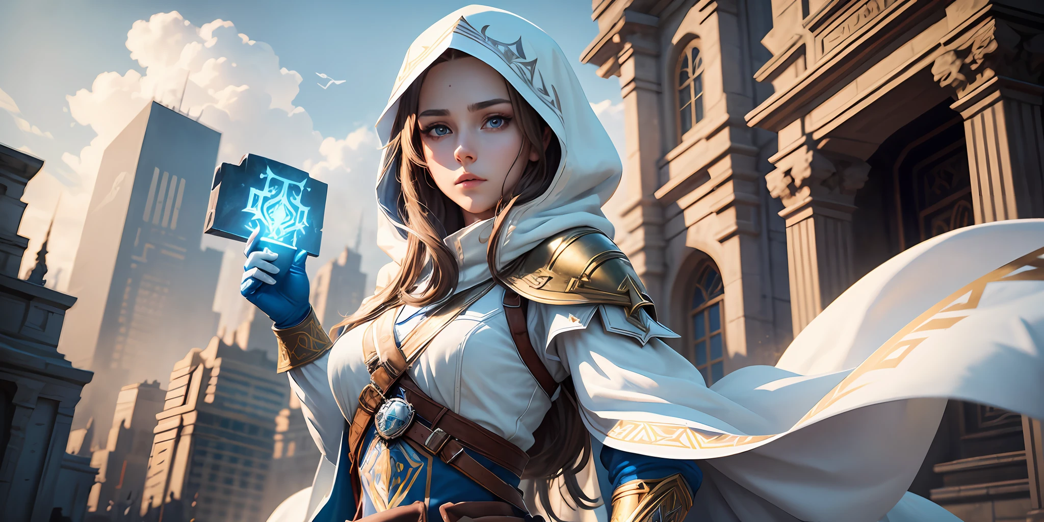 A full-body shot of Princess Zelda, brown hair, blue eyes, dressed as an Assassin from Assassins Creed, in white+gold witha white mask and hood with gold details, XL bust, using a wrist blade. Background: A city during the renaissance period. Unreal Engine 5, Anime, Anime style, Masterpiece, Well drawn eyes, well drawn face, well detailed eyes, well detailed face, 8k, light and shadow effect. --auto --s2