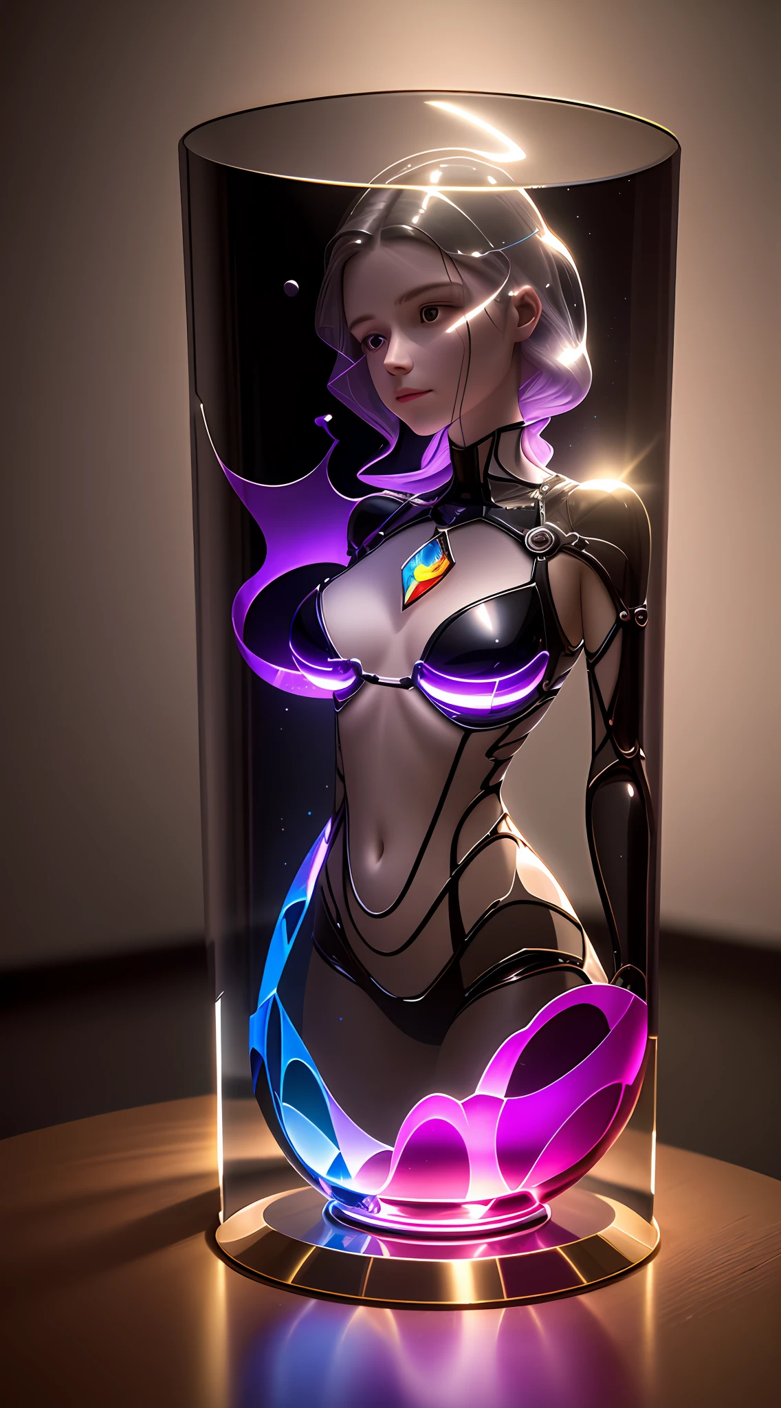 Still life photography photo, a glass sculpture, girl's chest, a cylindrical cavity in the middle, transparent stained glass, colorful light transmission refraction, ray tracing, 3D effects, realistic, HD videography, minimalist background, professional studio lighting, secondary exposure