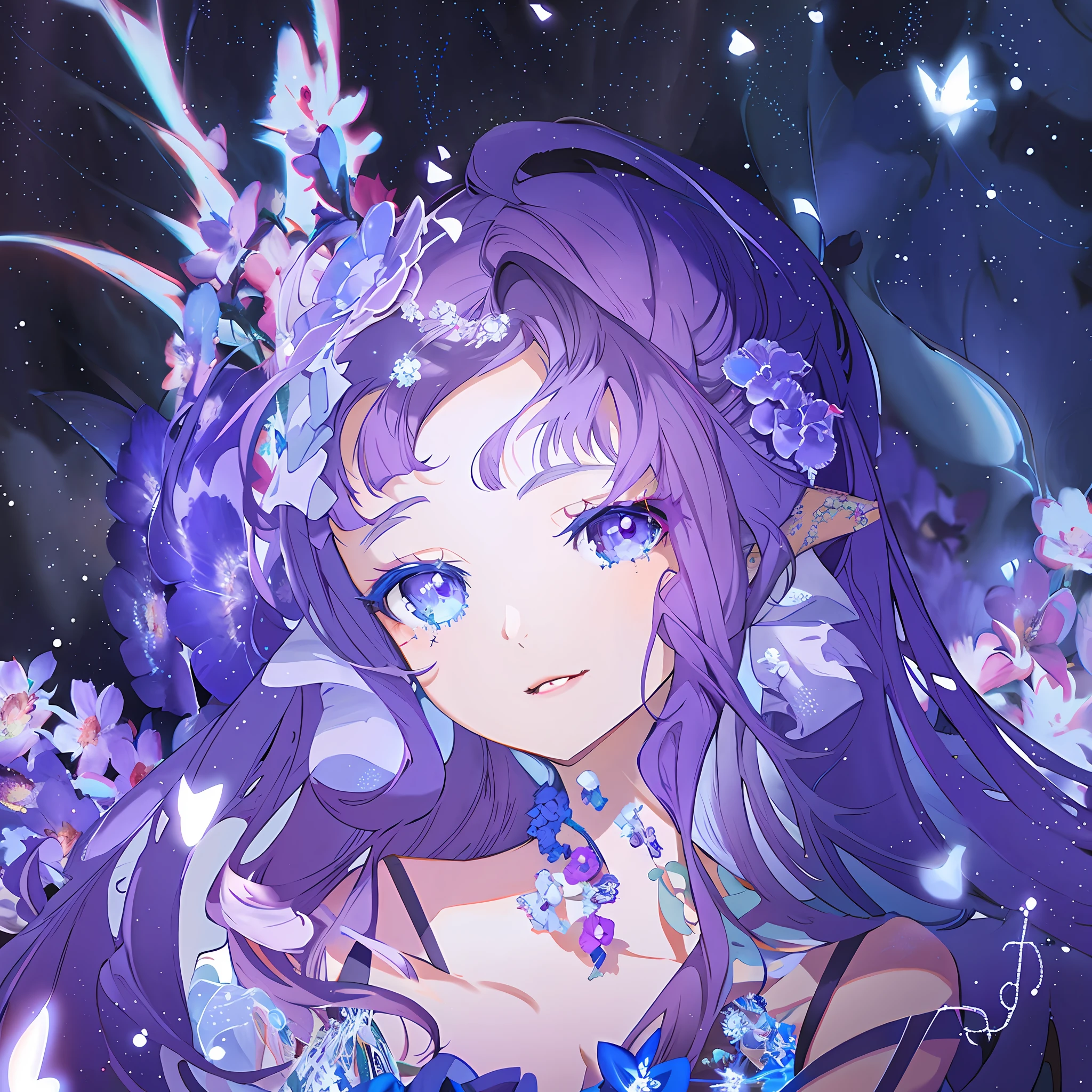 anime girl with purple hair and blue dress with purple flowers, fantasy art style, anime fantasy illustration, astral fairy, ethereal anime, beautiful celestial mage, beautiful fantasy anime, detailed digital anime art, official artwork, guweiz, ethereal fantasy, ((a beautiful fantasy empress)), 8k high quality detailed art, high detailed official artwork, anime girl with cosmic hair
