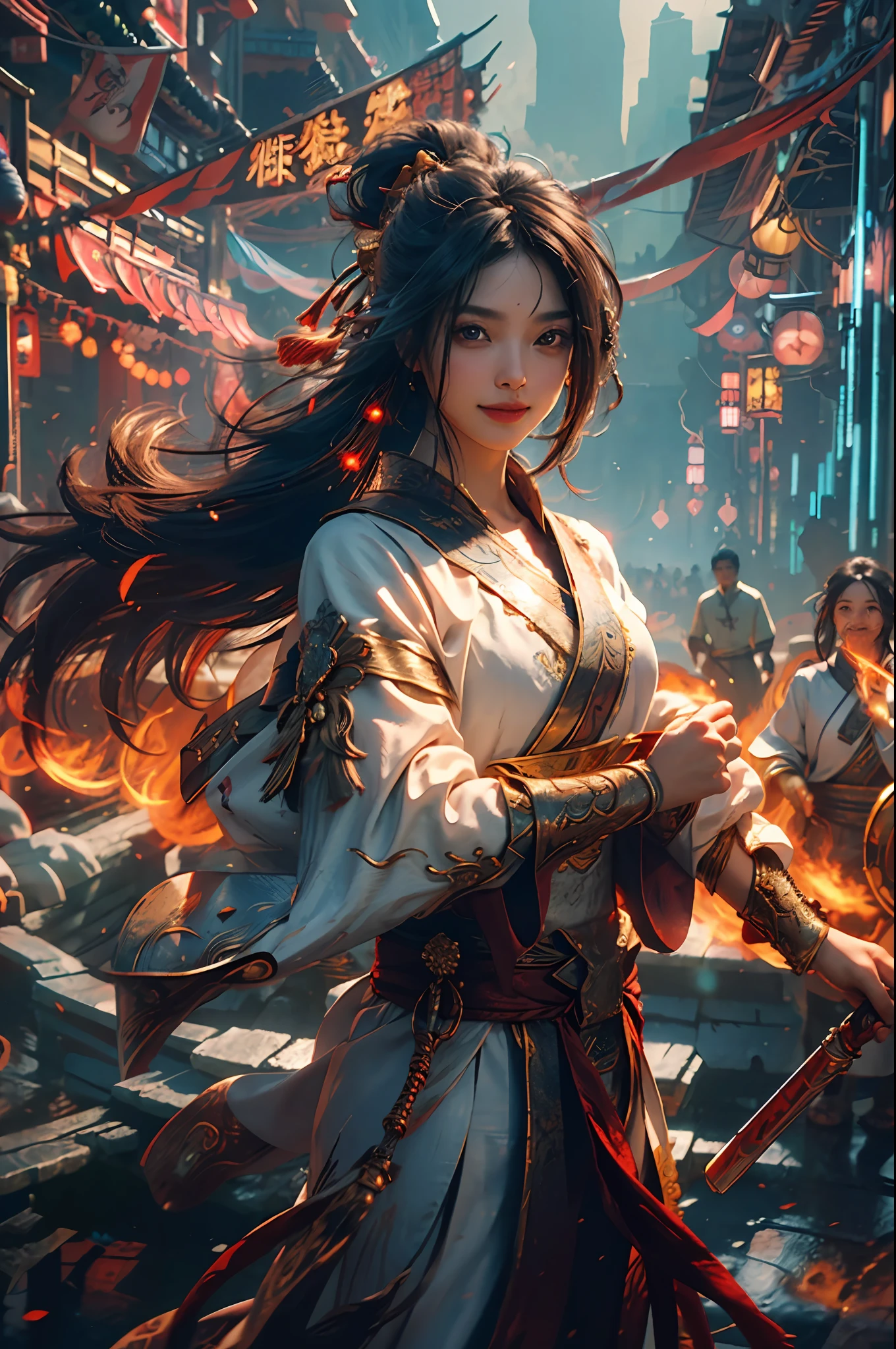 (RAW Photo, Best Quality), (Realistic, Photorealistic True: 1.3), Best Quality, Highly Detailed, Masterpiece, Hyper Detail, Illustration, 1 Girl, Smile, Black Hair, Yellow Clothes, Wield Two Daggers, upper_body, Dynamic Angle, World Mastery Theatre, Flying Long Hair, Fluores Cent Red, Dynamic Fire Inbackground, Best Quality, Extremely detailed CG unified 8k wallpapers, ink, amazing, movie lights, lens_flare, wuxia_style