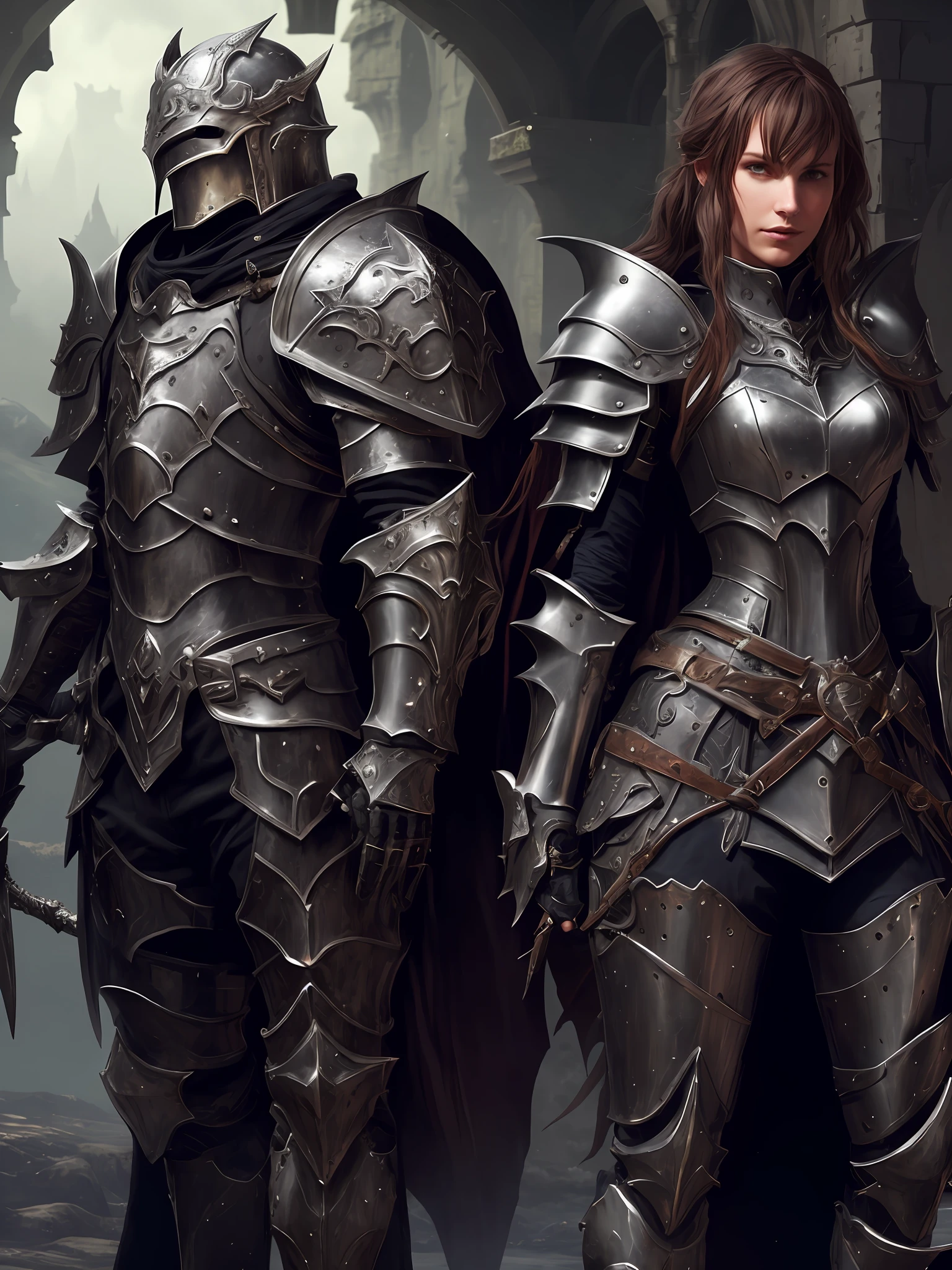 arafed image of a couple of people dressed in armor men and women, pale black armor, wearing fantasy armor, fantasy armor, thick armor, heavy fantasy armor, abaddon and magali villeneuve, flowing robes and metal armor, very stylish fantasy armor, detailed fantasy armor, beautiful armor, dark fantasy style art, gothic armor, dark armor, 4k fantasy art, grey armor