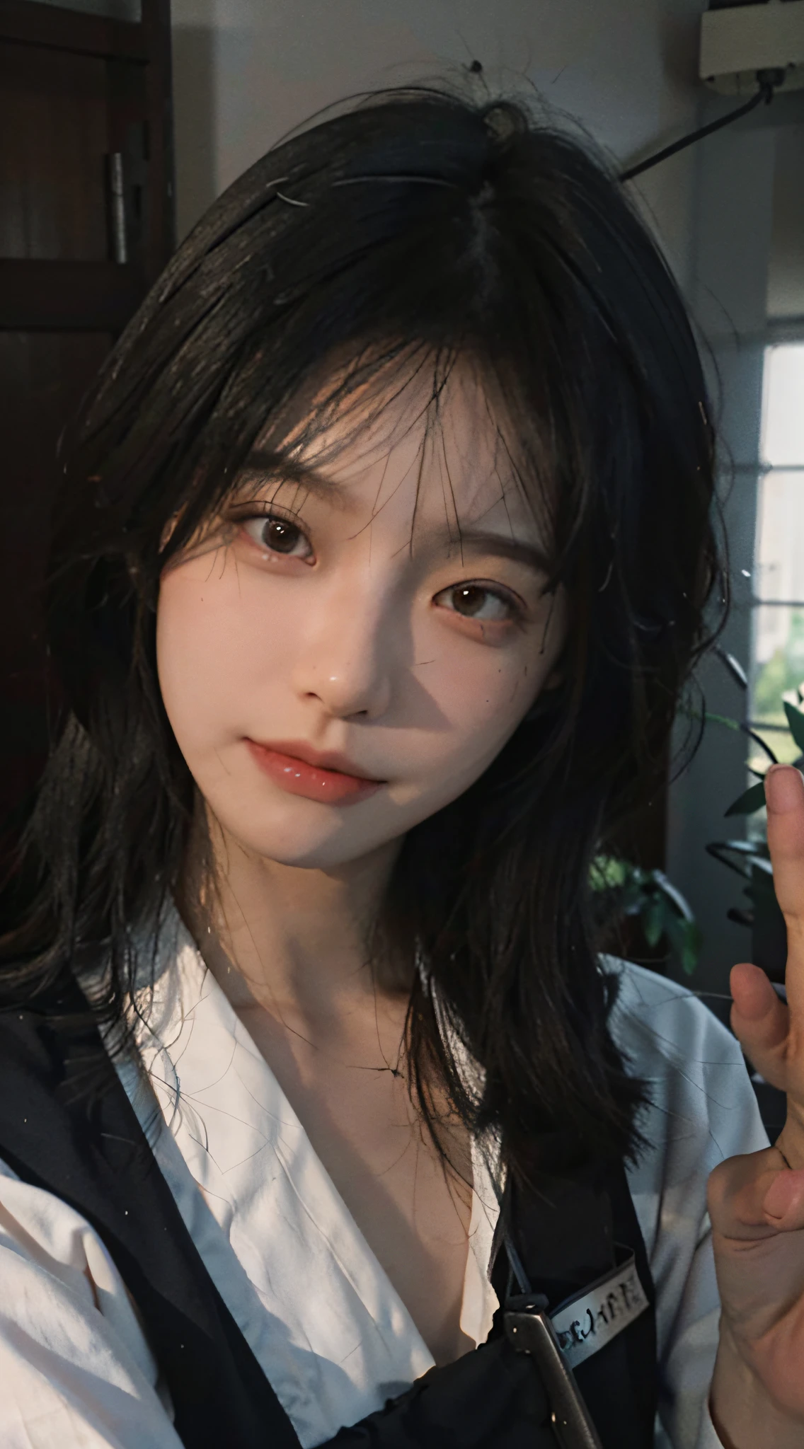 Tips: 8K, Best Quality, Masterpiece, Ultra High Resolution, (Realistic: 1.4), Original Photo, (Realistic Skin Texture: 1.3), (Film Grain: 1.3), (Selfie Angle), 1 Girl, (Beautiful Detailed Eyes and Face 1.3), Masterpiece, Best Quality, Close-up, Upper Body, (Black: 1.5), Nurse Uniform, Nurse Dress, Hospital, Ward,.