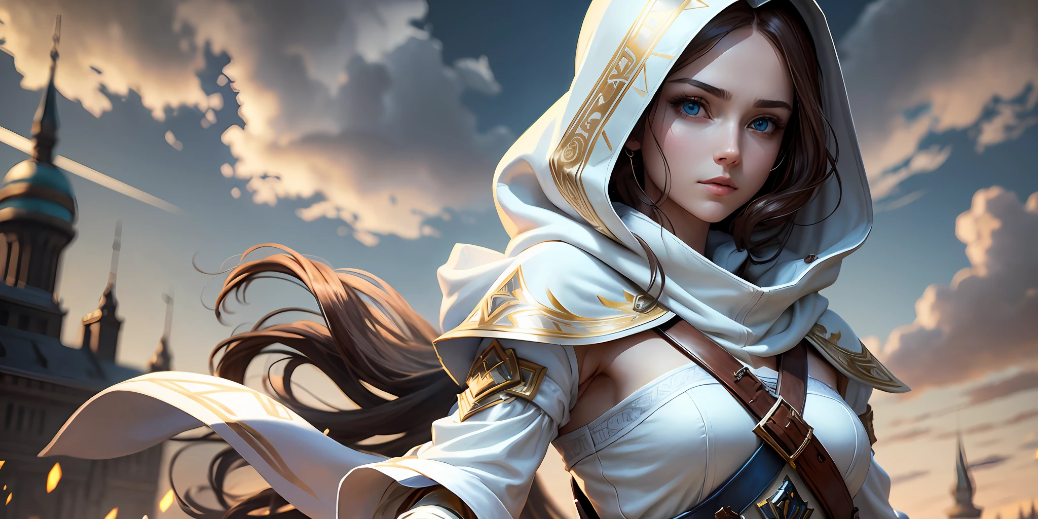 A full-body shot of Princess Zelda, brown hair, blue eyes, dressed as an Assassin from Assassins Creed, in white+gold witha white mask and hood with gold details, XL bust, using a wrist blade. Background: A city during the renaissance period. Unreal Engine 5, Anime, Anime style, Masterpiece, Well drawn eyes, well drawn face, well detailed eyes, well detailed face, 8k, light and shadow effect. --auto --s2