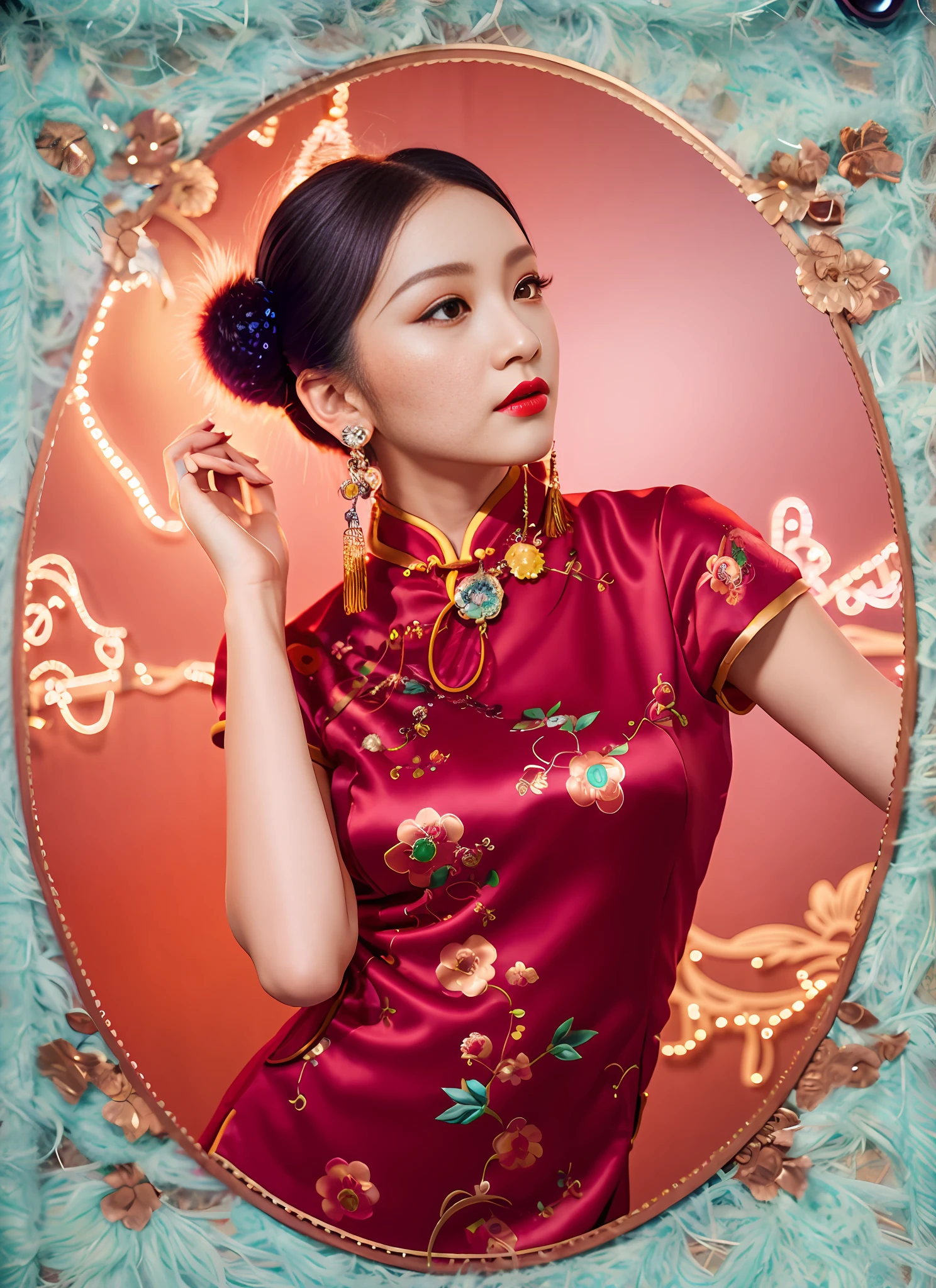 Realistic, high resolution, 1 girl in gorgeous cheongsam, (fur), (raw photo,intricate ultra-detailed costumes: 1.4, extremely gorgeous costumes), 1930s Shanghai,vintagepunk sofa,vintagepunk gramophone,vintagepunk telephone,vintagepunk lamp,vintage furnitures,vintagepunk background, cinematic lighting, vintage microphone, neons, masterpiece, perfect anatomy, perfect face, abstract beauty, illustration, best quality, (official art, extremely detailed CG Unity 8k wallpaper), highly detailed, absurd, 8k resolution, (((realistic))), (((realistic))), popular on art stations