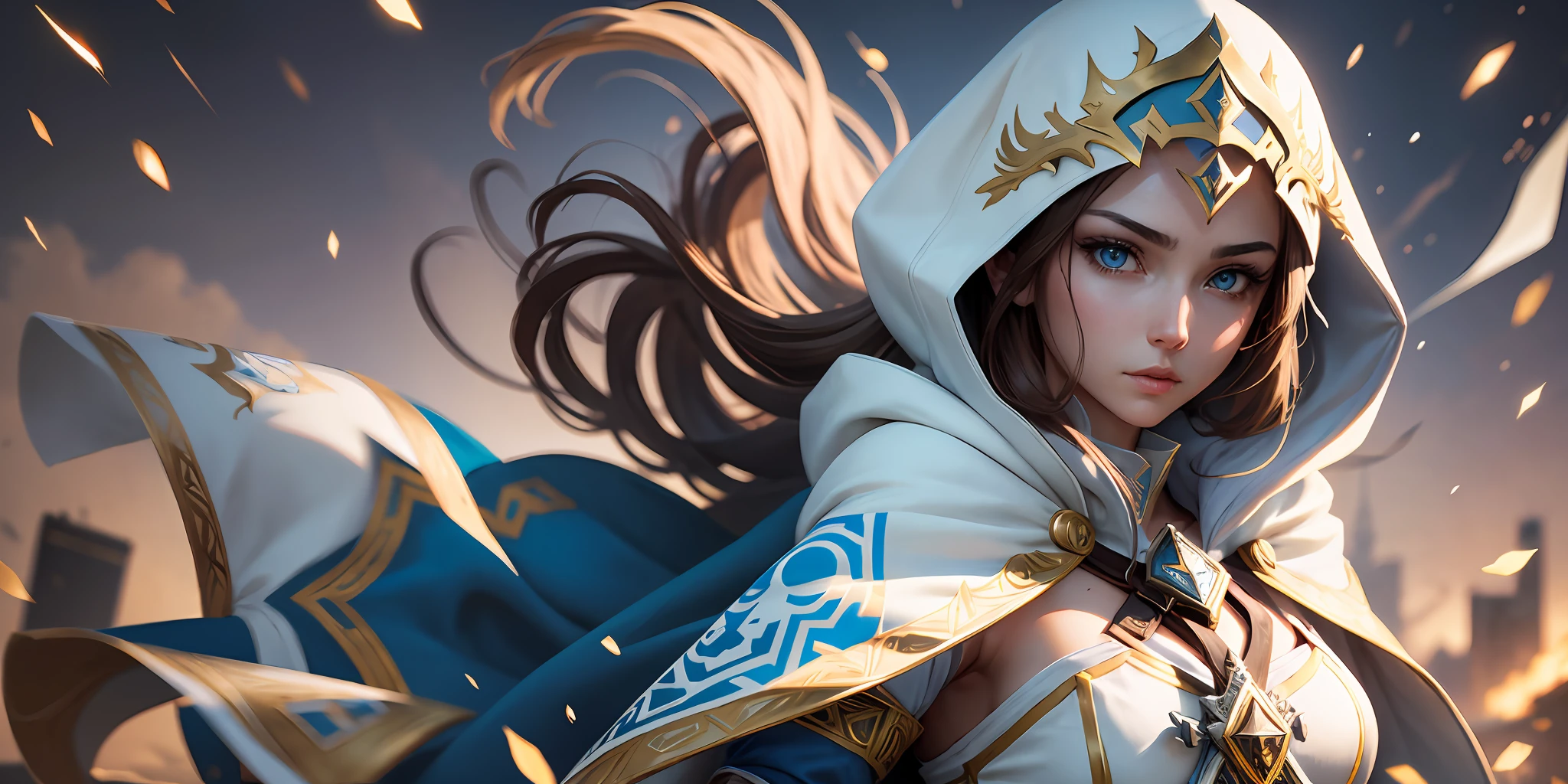 A full-body shot of Princess Zelda, brown hair, blue eyes, dressed as an Assassin from Assassins Creed, in white+gold with a white mask and hood with gold details, XL bust, using a glowing blue+gold kunai. Ready to battle, fighting stance, Background: A city at night during the renaissance period. Unreal Engine 5, Anime, Anime style, Masterpiece, Well drawn eyes, well drawn face, well detailed eyes, well detailed face, 8k, light and shadow effect. --auto --s2