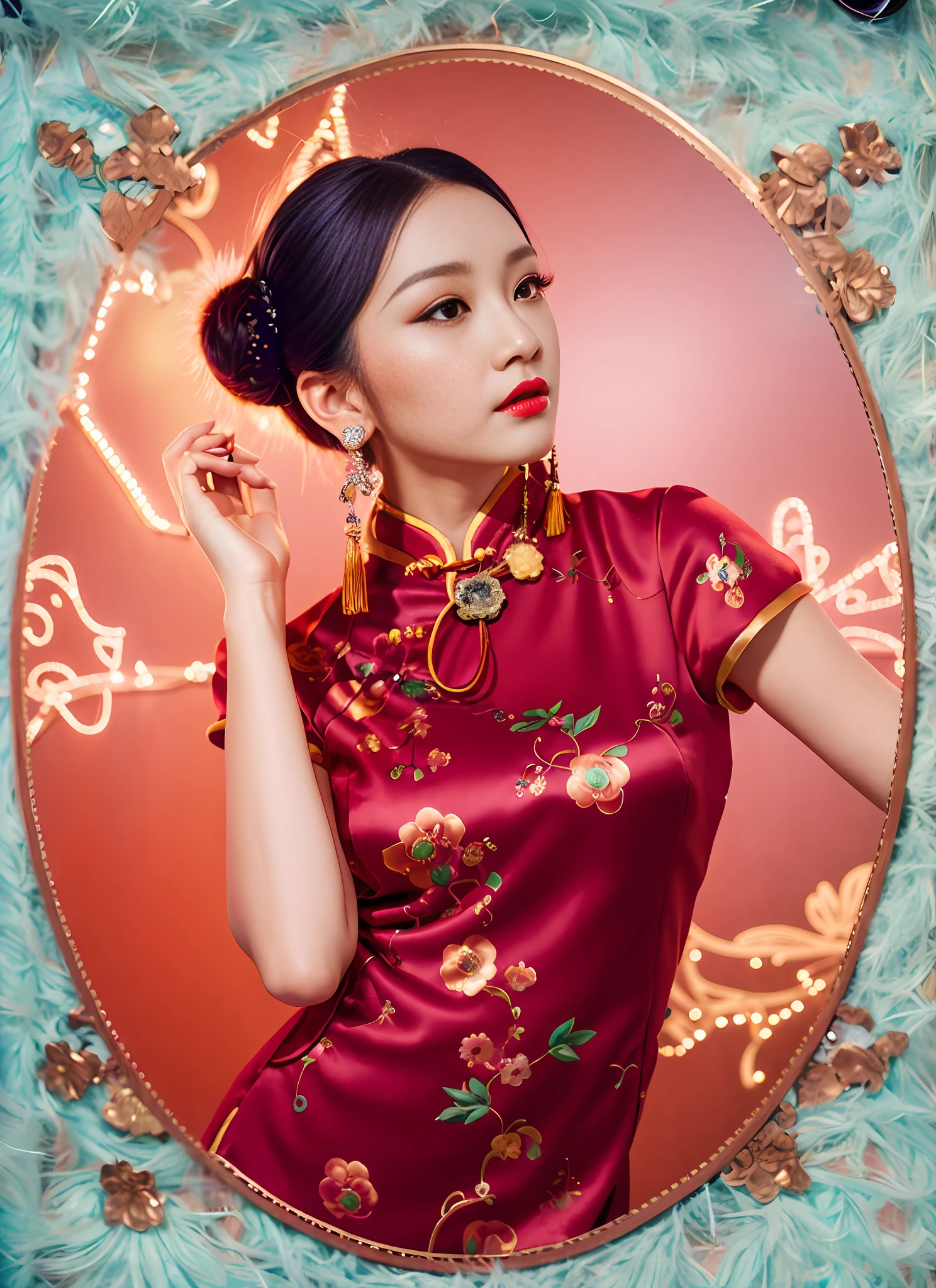 Realistic, high resolution, 1 girl in gorgeous cheongsam, (fur), (raw photo,intricate ultra-detailed costumes: 1.4, extremely gorgeous costumes), 1930s Shanghai,vintagepunk sofa,vintagepunk gramophone,vintagepunk telephone,vintagepunk lamp,vintage furnitures,vintagepunk background, cinematic lighting, vintage microphone, neons, masterpiece, perfect anatomy, perfect face, abstract beauty, illustration, best quality, (official art, extremely detailed CG Unity 8k wallpaper), highly detailed, absurd, 8k resolution, (((realistic))), (((realistic))), popular on art stations