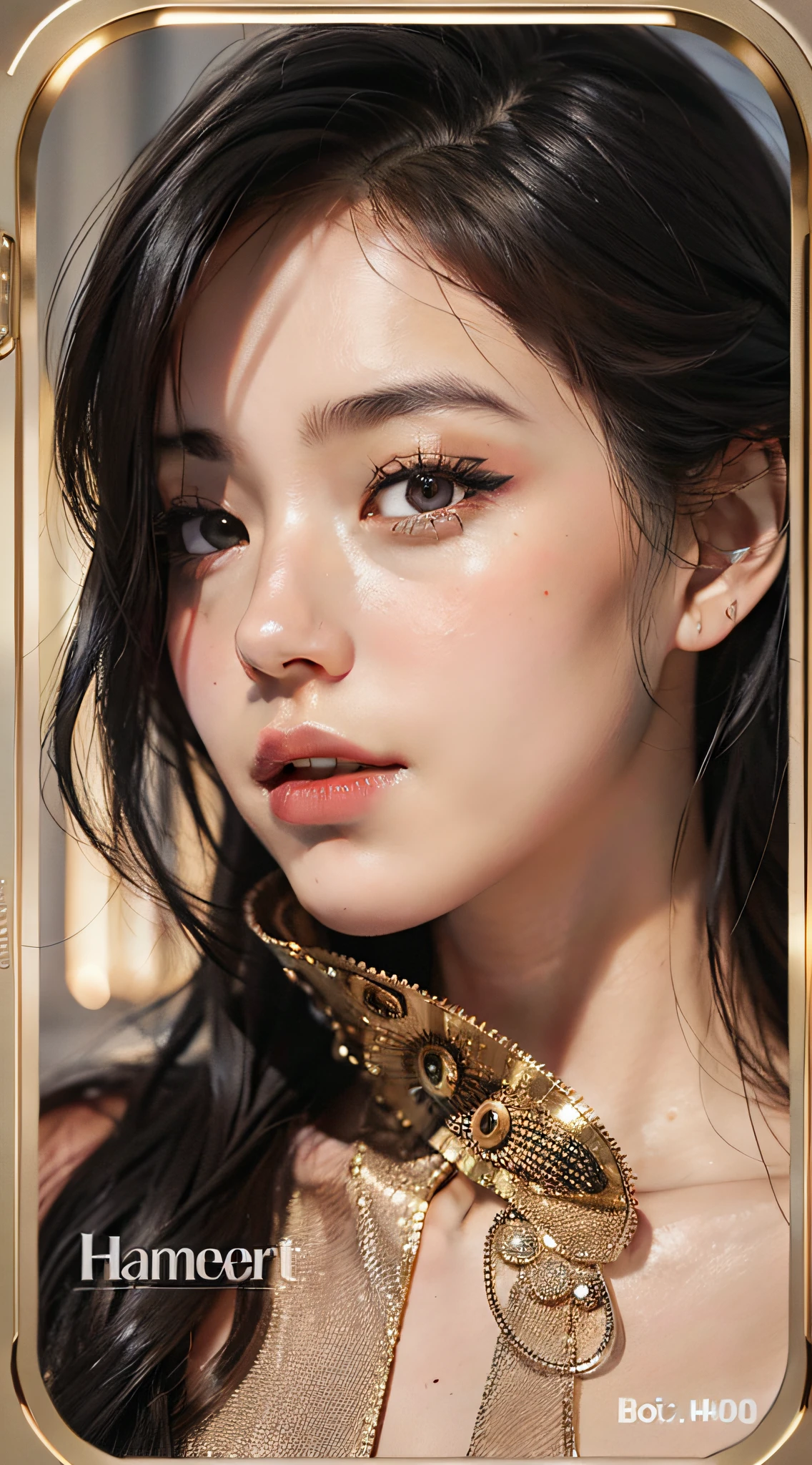 Beauty blogger's recommended app homepage, asking for women's side face, display of cosmetic products, from left, beautiful romantic skin impeccable, Rembrandt lamp, 8k HD, clear outer contour, bokeh, shutter 300, FM5