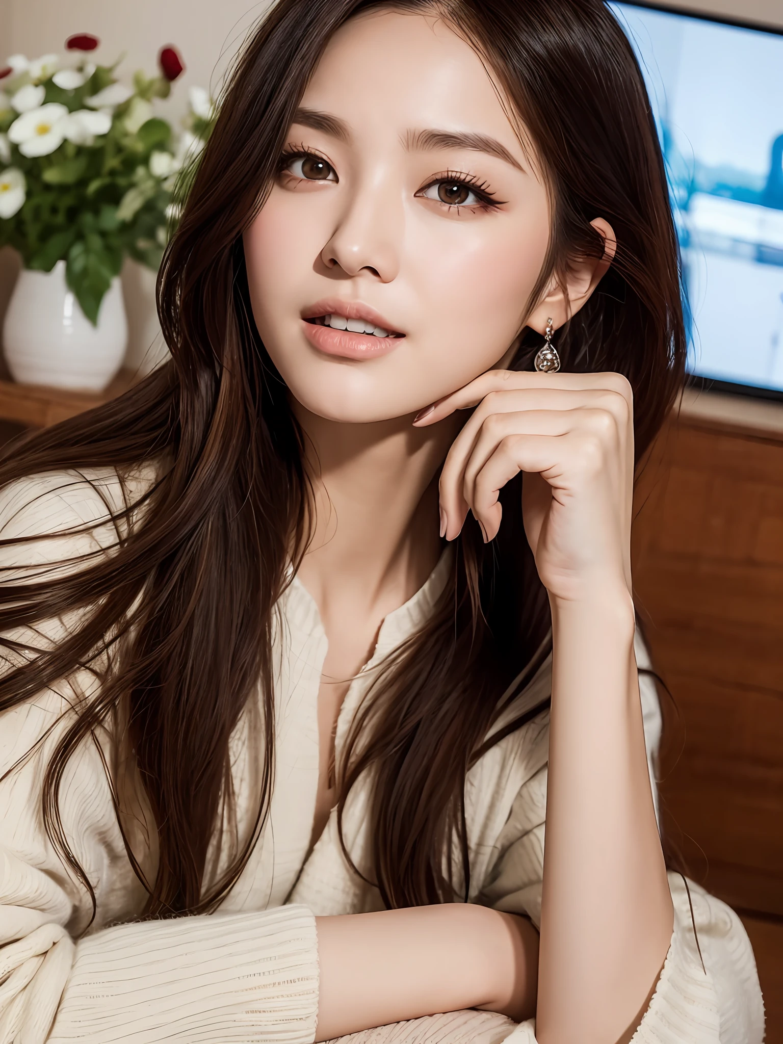 (A GIRL: 1.6), (lora:russianDoll:0.4), (lora:TaiwanDoll:0.4), (best quality, 8k, masterpiece: 1.3), focus 1.2, perfect body beauty: 1.4, highly detailed face and skin texture, delicate eyes, double eyelids, whitened skin, long hair split edges, (round face: 1.4), looking at the audience, leaking teeth and laughing, sitting next to the audience, window, (Full body: 1.1), home, sofa, lamp, tea cup, TV, coffee table, flowers, (warm color: 1.5), (dim light: 1.2)