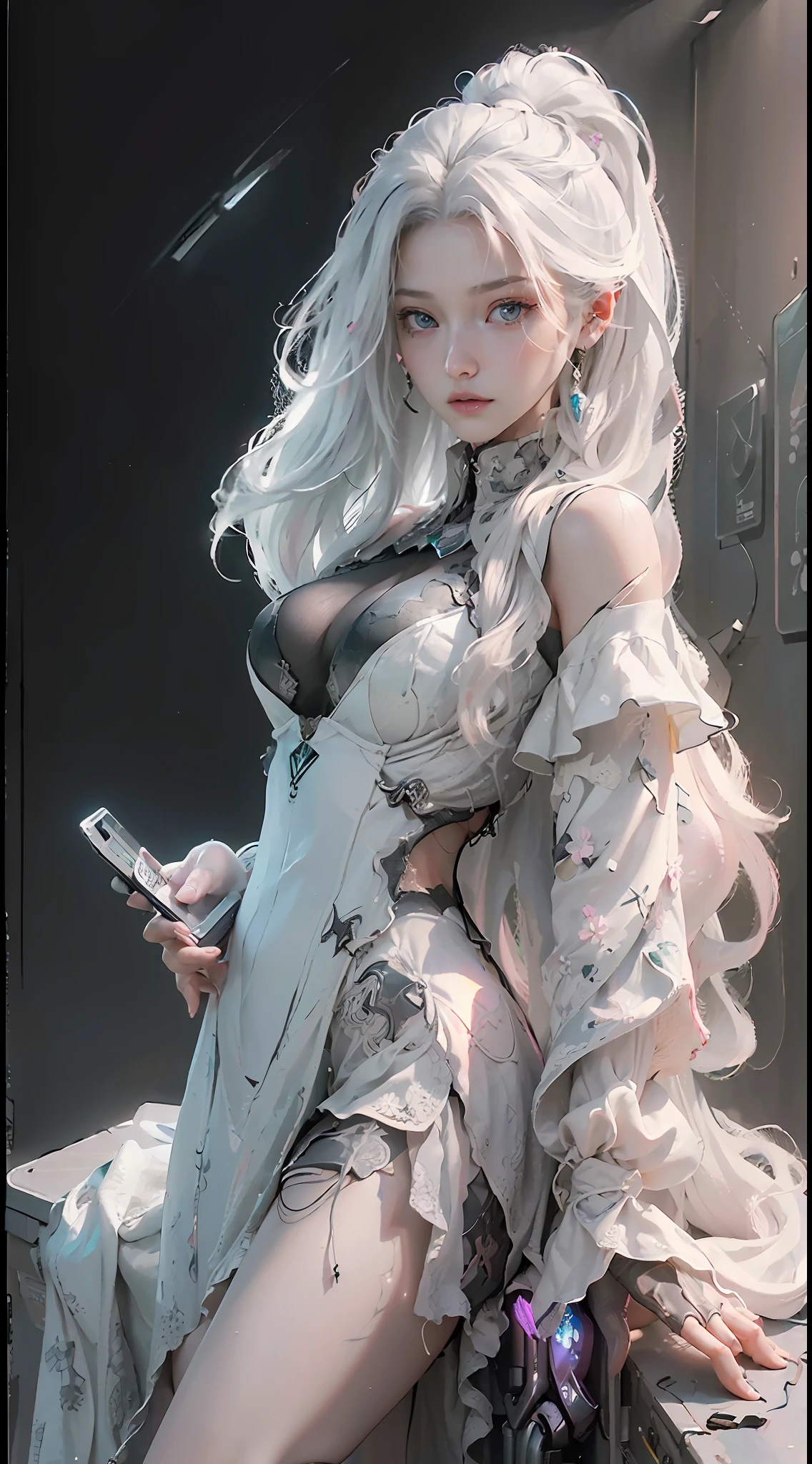 (Best Quality), ((Masterpiece), (Detail: 1.4), 3D, A Beautiful Cyberpunk Woman, HDR (High Dynamic Range), Ray Tracing, NVIDIA RTX, Super-Resolution, Unreal 5, Subsurface Scattering, PBR Textures, Post-Processing, Anisotropic Filtering, Depth of Field, Maximum Sharpness and Clarity, Multi-layer Textures, Albedo and Highlight Maps, Surface Shading, Accurate simulation of light-material interactions, perfect proportions, Octane Render, two-color light, large aperture, low ISO, white balance, rule of thirds, 8K RAW, realistic, (dignified fluff, perfect proportions, bright eyes, light makeup, big black eyes, pink and moist lips), white hair, big black eyes, cold storage, sharp eyes, flowers, (masterpiece, realistic, high resolution), ((1 girl): 1.2), ((white wavy long hair): 1.3), (business suit, office documents, sitting at desk, playing with mobile phone), ((big breasts): 1.5, thin waist: 1.2, strangled thighs: 1.3, fair and moist skin)