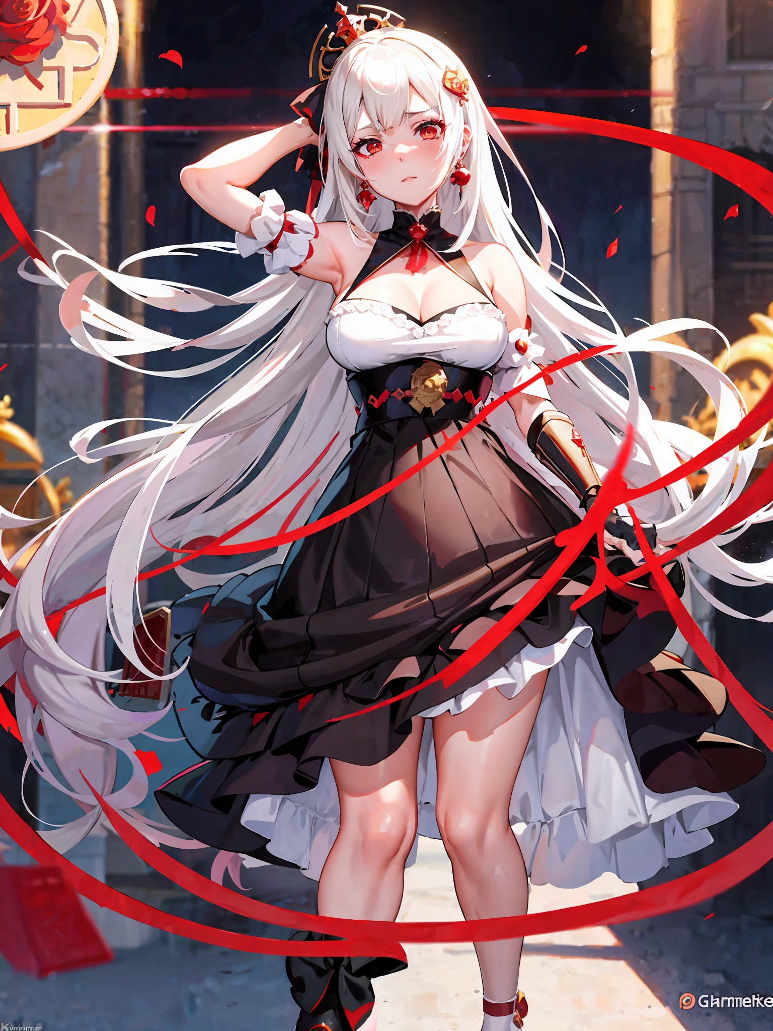 anime girl in a black and white dress with a red rose in her hair, white haired deity, cute anime waifu in a nice dress, cushart krenz key art feminine, edelgard fire emblem, edelgard from fire emblem, best anime 4k konachan wallpaper, blonde - haired princess, ayaka genshin impact, ((a beautiful fantasy empress))
