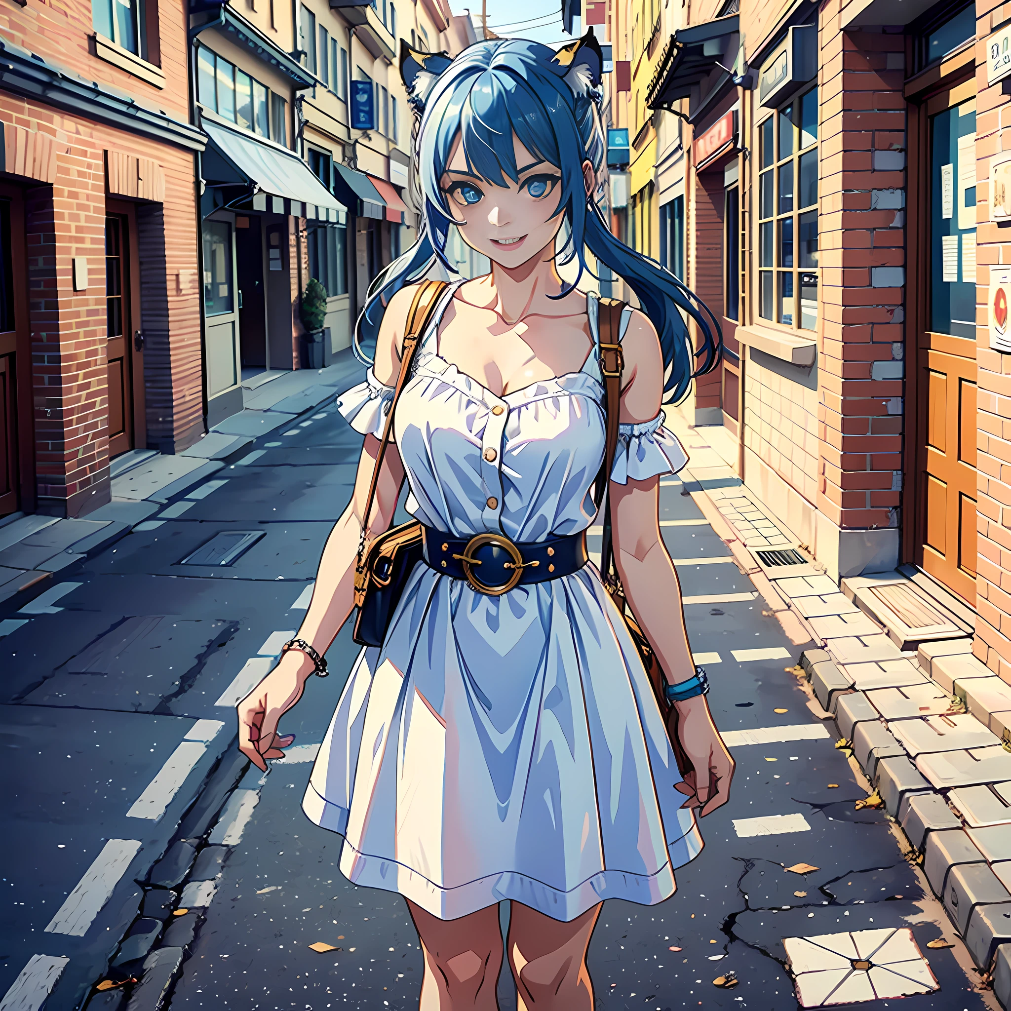 1 woman, tiger teeth, white hair, blue pupils, white dress, smile, cute, satchel, standing on the street, surreal