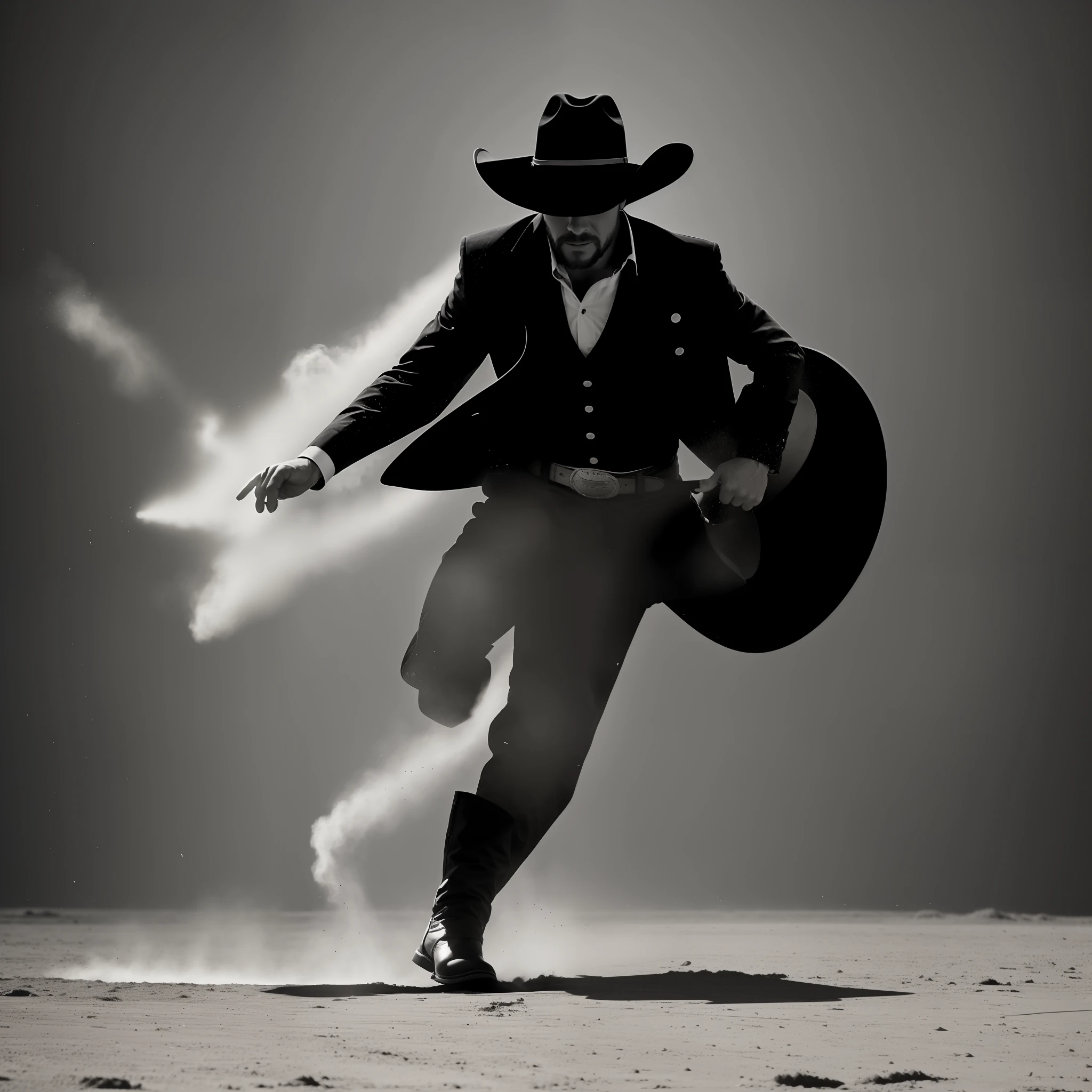 Man, Full Body, Action, Cowboy Hat, (Tumbling: 1.5), Silhouette, Black & White, High Contrast --auto --s2
