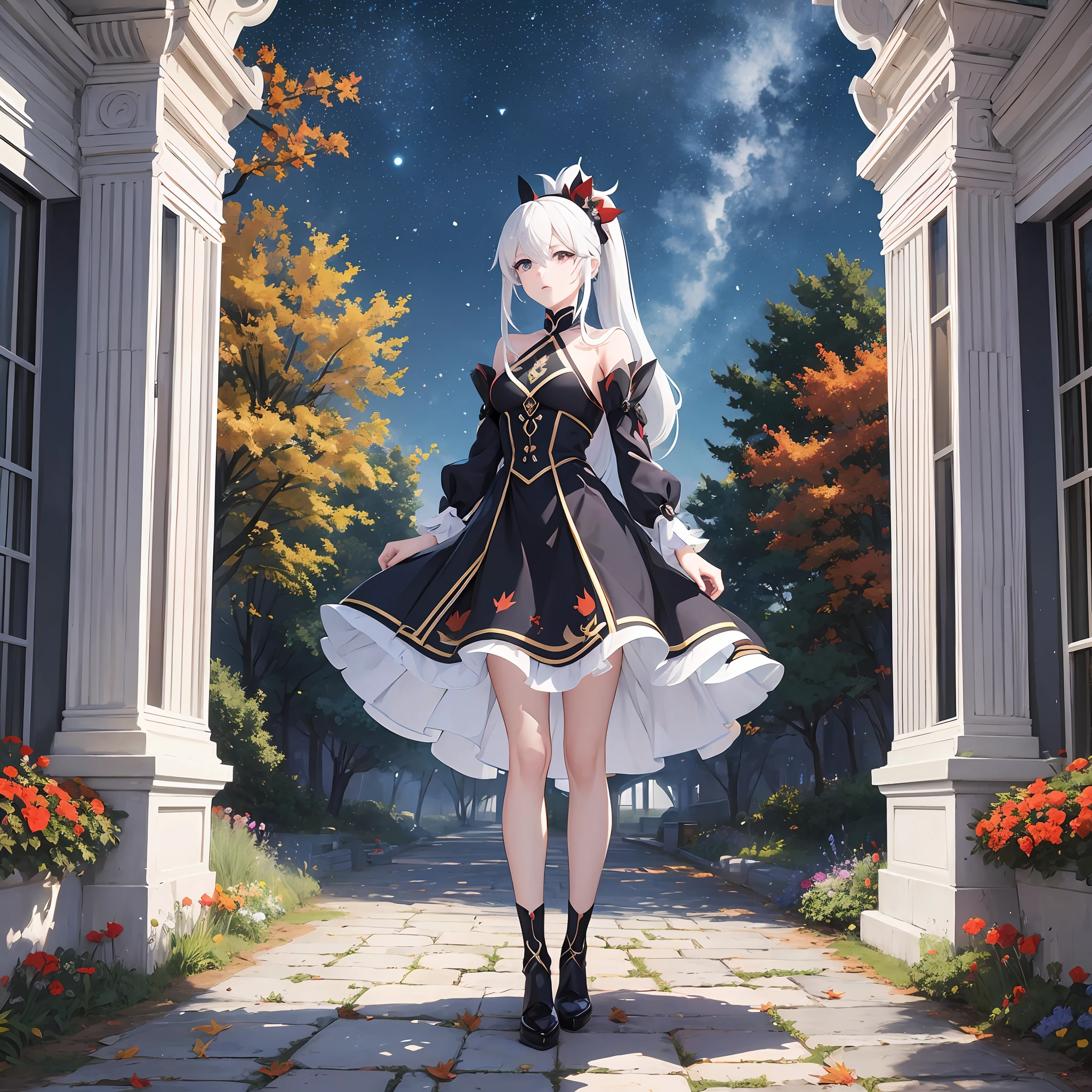 Anime style, royal sister, high ponytail, white hair, alone, autumn, night sky, aesthetic, cool tone, maple leaf landing, in the garden of silence, wallpaper, light and shadow rendering, full body, black dress, magic hat --auto --s2