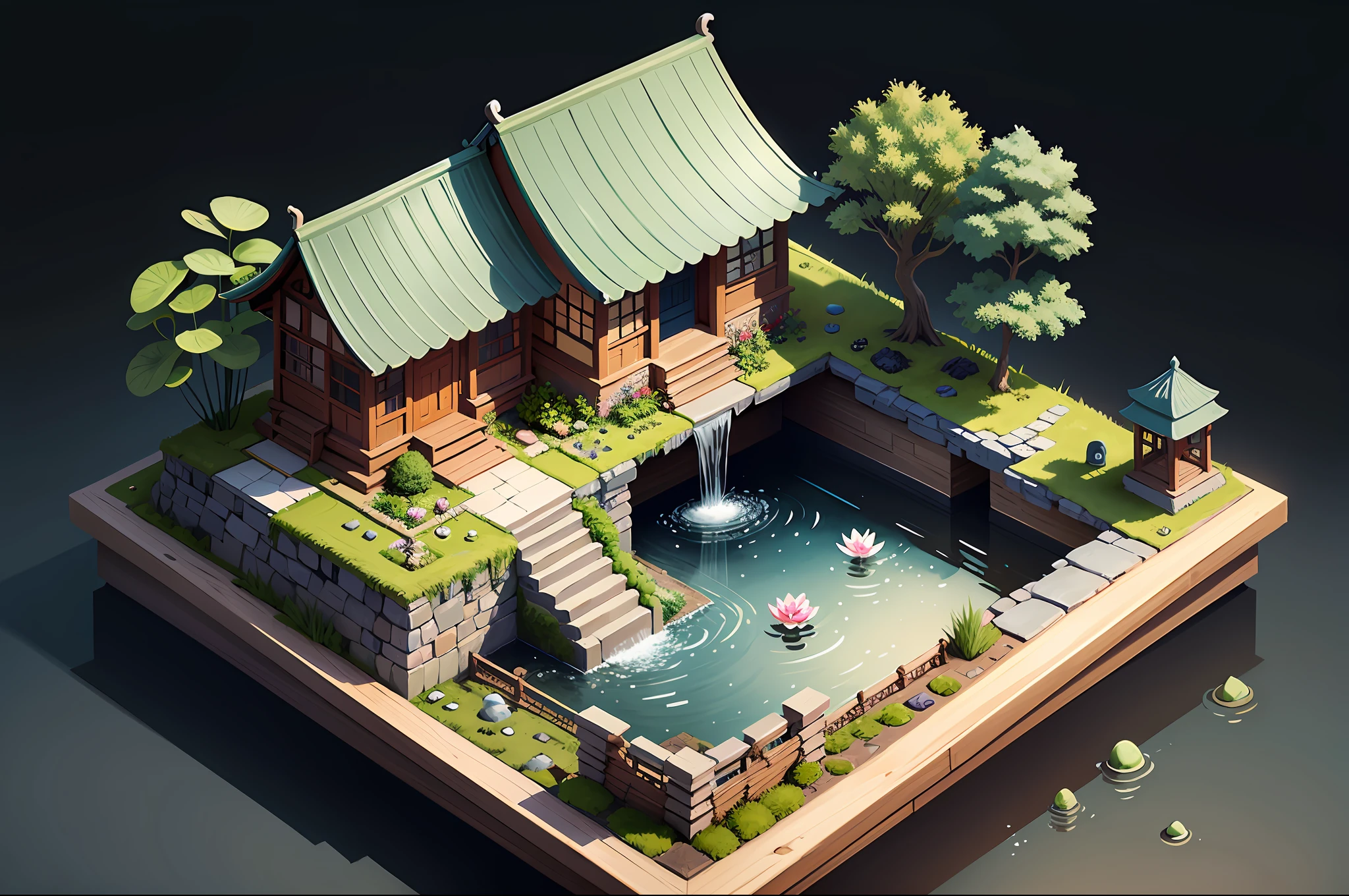 [(black background: 1.5),:: 5], (pumice isometric hand-painted style), pebbles, flowers, lotus ponds, stones, moss, fish ponds, (waterfalls: 1.2), idyll, Chinese courtyard, isometric houses, (45 degree perspective from top to bottom), --v 6