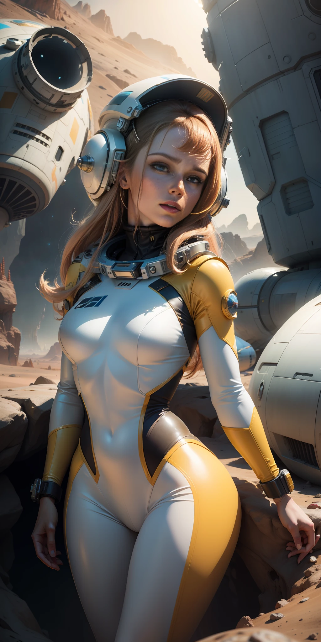 A woman in a spacesuit wearing a spacesuit with a space cap standing next to a crashed sci-fi spaceship, art trends, realistic female faces, delicate and good-looking faces, matte art, single yellow, looks a bit like Amy Adams, red desert Mars, Kylie Minogue as Barbarella, Ian Hubert's style, map Patreon, 70s colors, valerian, teethless, crashed spaceship in the background,