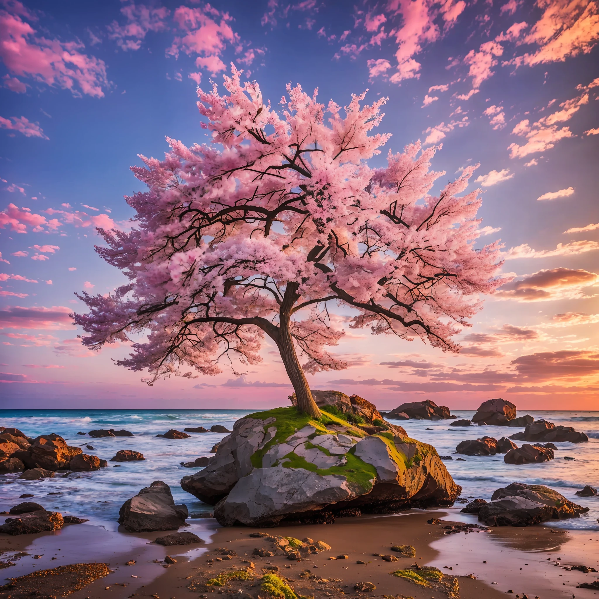 an amazing pink tree on a rock on the beach, in the style of realistic depiction of light, passage, faith-inspired art, abandoned spaces, light-filled scenes, immersive environments, flower and nature motifs --ar 14:25 --auto --s2