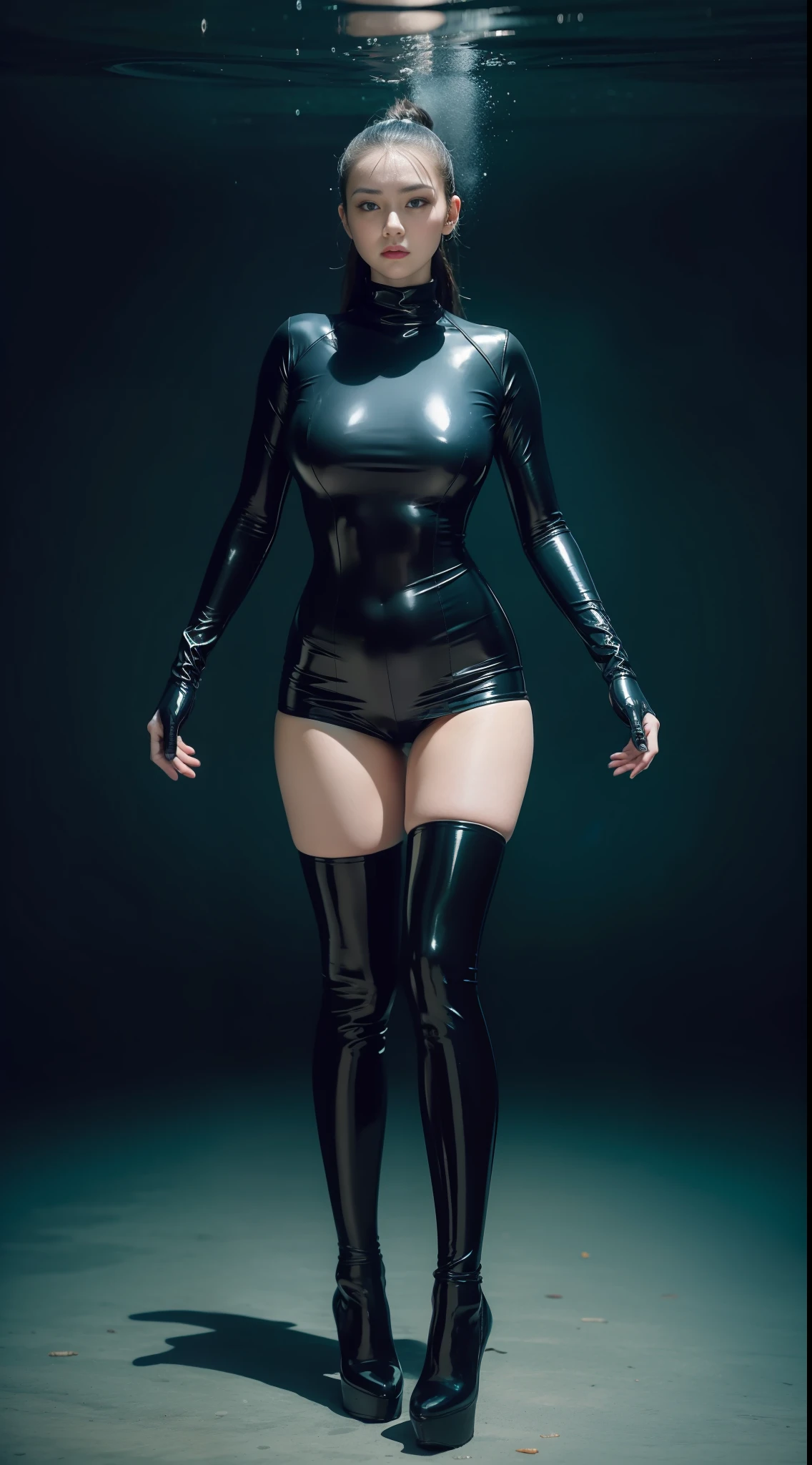 2 Women, Underwater, Sweating, Latex Tights, Elbow Long Glove, Latex Over-the-Knee Socks, High Heels, Full Body, Front, UHD, Masterpiece, Super Detail, Best Quality, Anatomically Correct, Depth of Field