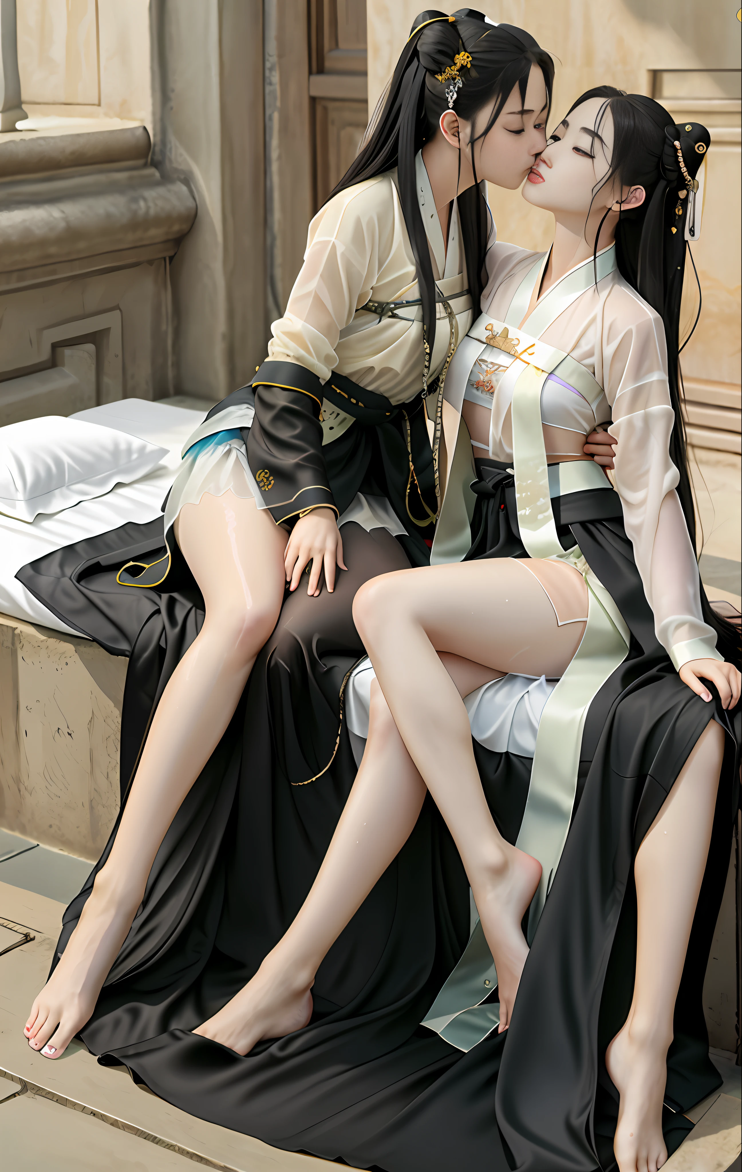 High quality, masterpiece, masterpiece, exquisite facial features, exquisite hair, exquisite eyes, exquisite colored hair, 4K picture quality, brilliant light and shadow, Tyndall effect, halo, black hair, youthful state, chains, , big eyes of ancient Chinese beauty, very detailed, woman lying on bed, (man riding on woman) Hanfu, Chinese style, martial arts, sexy, transparent, wet, bare legs, bare breasts, (men and women hug and kiss), (hands reach into skirts to touch breasts) (lift the skirt to show the lower body)