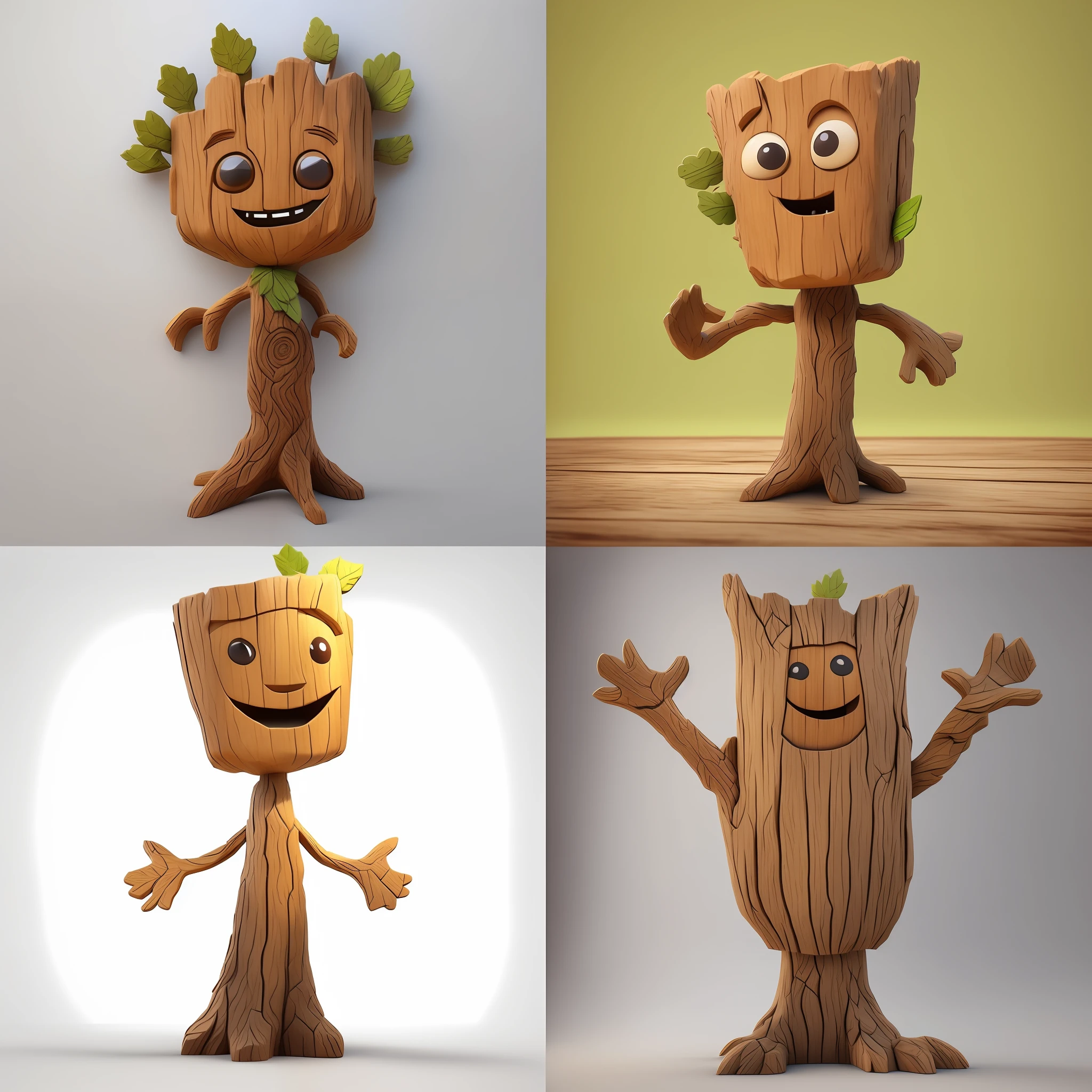 a close up of four different wooden figures of a tree, cute funny figurine wooden, 3d characters, 3 d render stylized, 3 d renders, cute 3 d render, happy trees, groot, stylized 3 d, 3 d character art, stylized as a 3d render, person made of tree, 3 d character render, i am groot