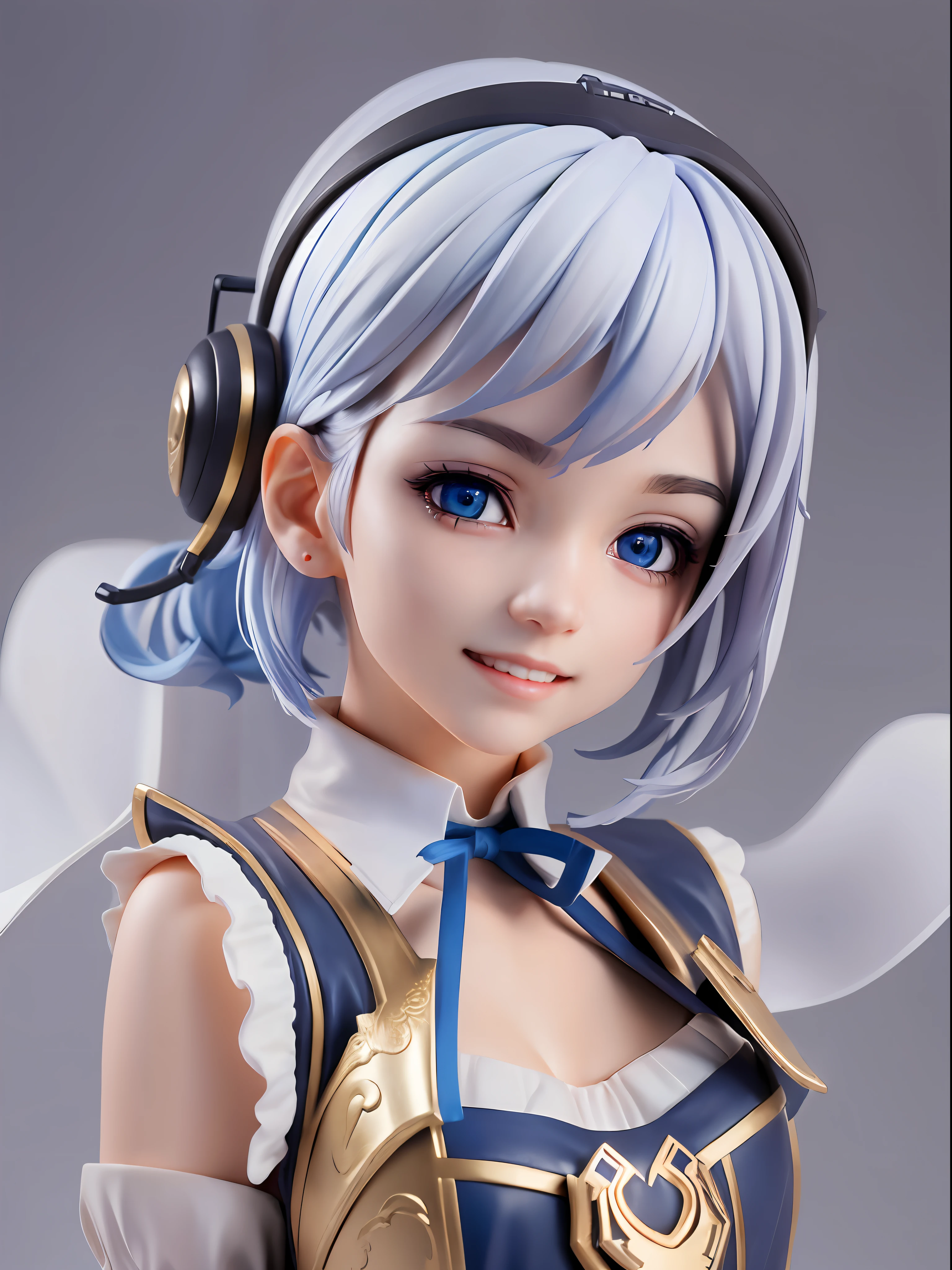 1girl,white hair,((bule hair tips)),(black headphone),maid clothes(white blue),big blue ribbon,blue eye,hand up, short hair,hair between eyes BREAK full body, chibi, [realistic], [3d], (3dcg), ((octane render)), [fisheye], smile, closed mouth BREAK (8k, RAW photo, best quality, masterpiece:1.2), ultra high res, (((realistic, photo-realistic))), professional lighting, detailed lighting, professional photography, fisheye, dynamic angle, high quality, high res, extremely detailed, bloom BREAK depth of field, sketch, sharp focus, soft lighting, good composition, god light highlight, detailed, (((photorealistic details))), detailed skin, to8contrast style