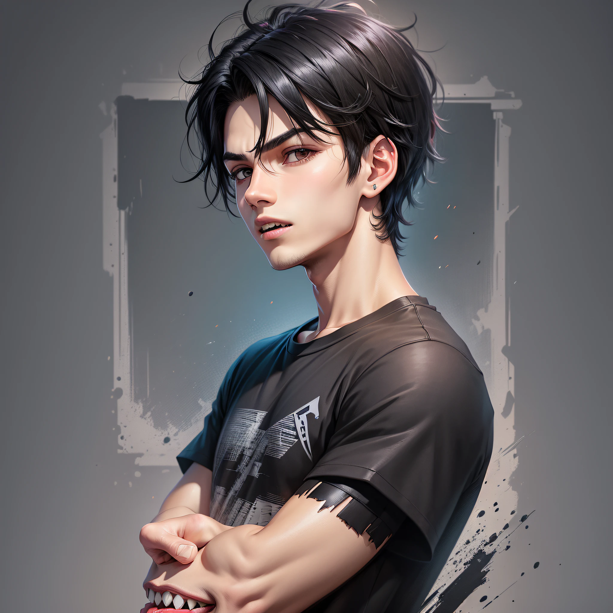 digital art, boy, black hair, black background, black t-shirt, sharp teeth --auto --s2