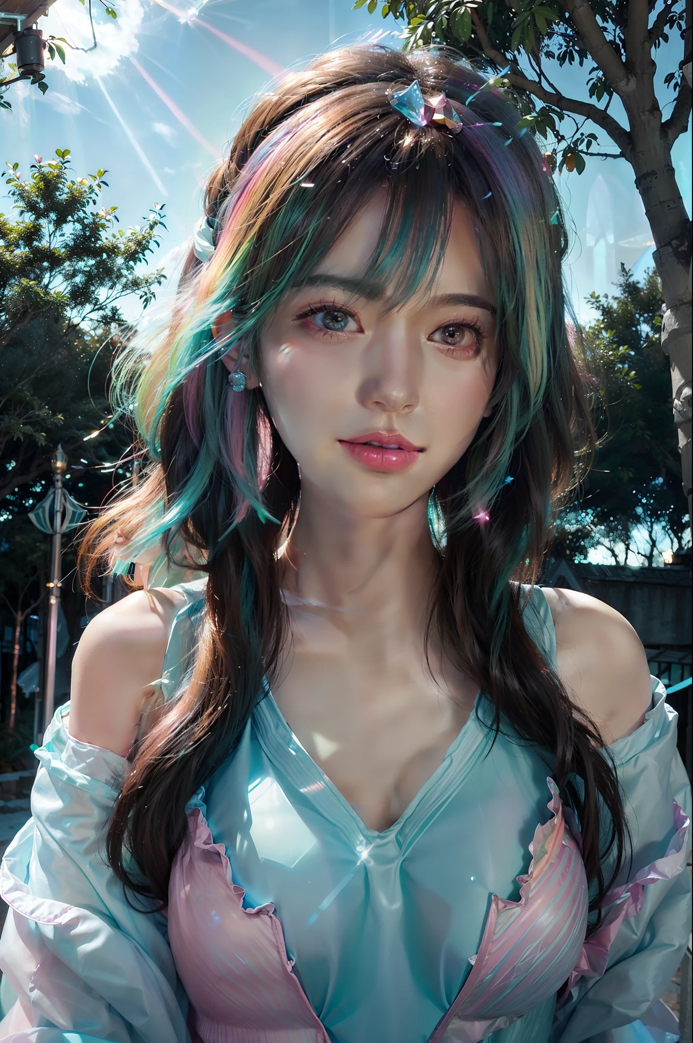 (fluorescent colors:1.4),(translucent:1.4),(retro filters:1.4), (fantasy:1.4), candy world Disney land ethereal soft fluffy soft landscape forest snowavatar Pastel pink sky green blue sparkle ethereal light pastel whimsical light rainbow stars diamonds sparkle gemstone background hyper realistic Ultra quality cinematic lighting immense detail Full hd painting Well lit,