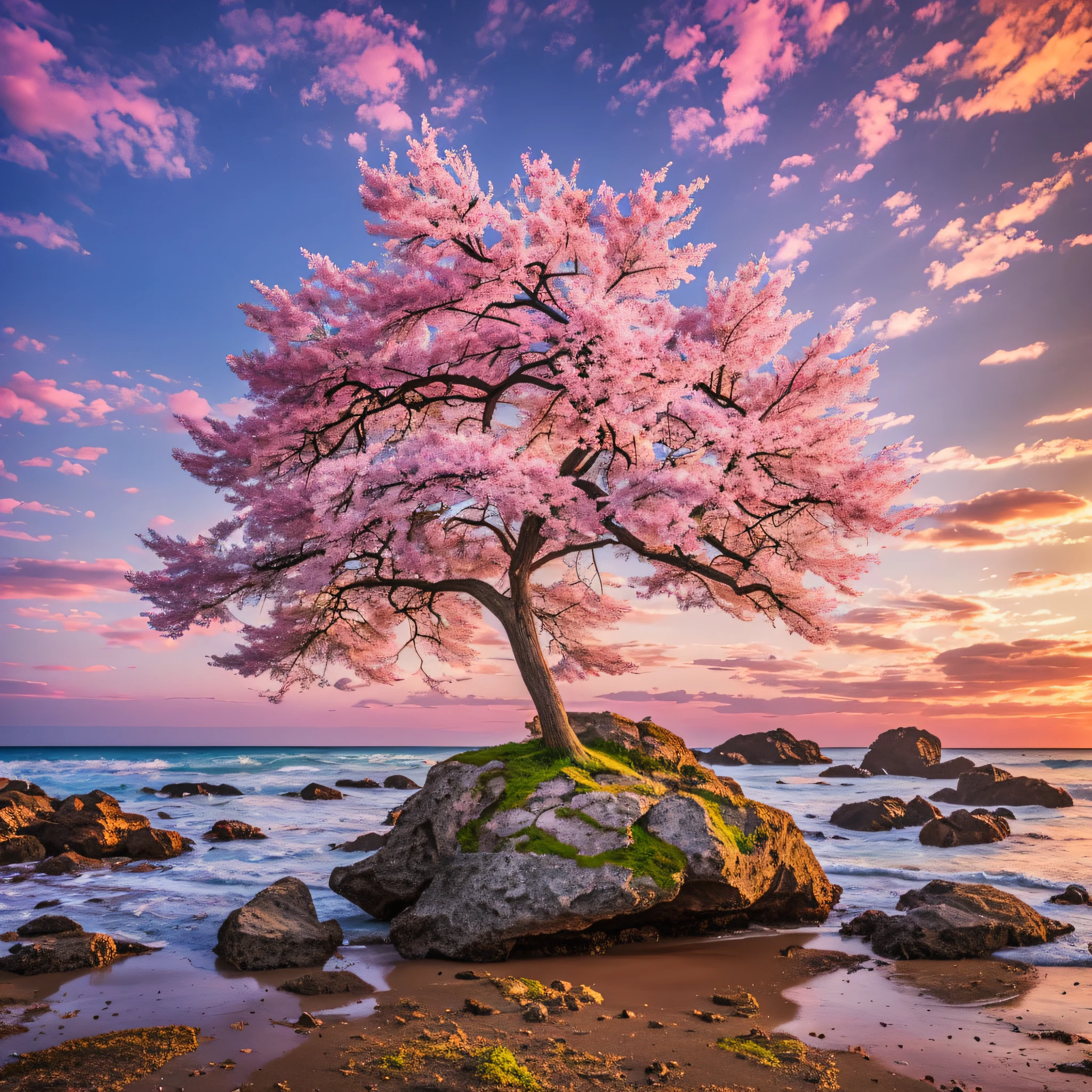 an amazing pink tree on a rock on the beach, in the style of realistic depiction of light, passage, faith-inspired art, abandoned spaces, light-filled scenes, immersive environments, flower and nature motifs --ar 14:25 --auto --s2