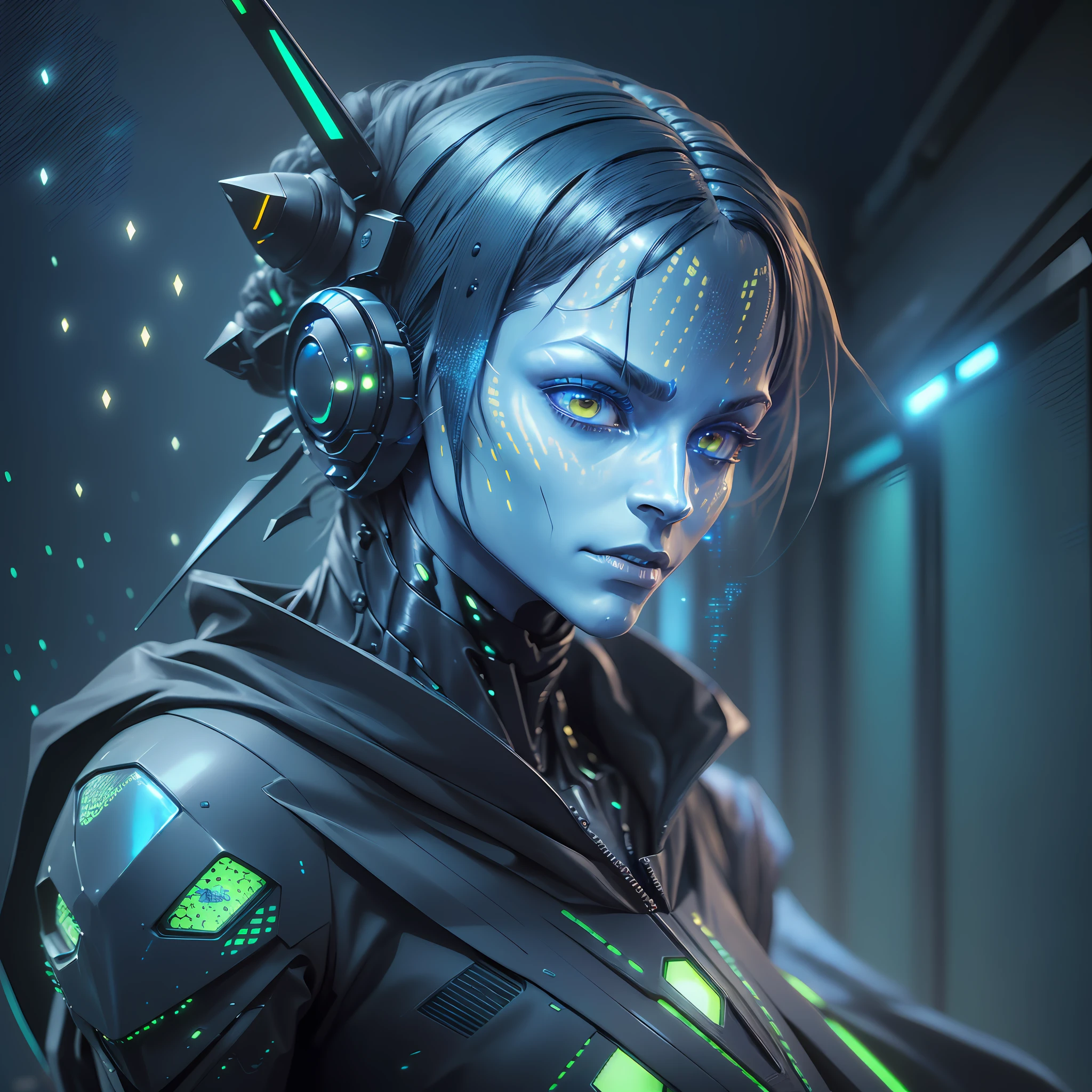 "(humanoid alien creature:1) (1man), dark theme :: feral insect face, alien star sector armor, (((extremely skinny)), :: ultra realistic, yellow eyes, (((blue skin)))), (((laser weapons)), ((cyberpunk lab interior with lots of holograms, scifi high tech)) :: natural lighting :: bokeh :: 8k :: best quality :: masterpiece :: insanely detailed:1.5" --auto --s2