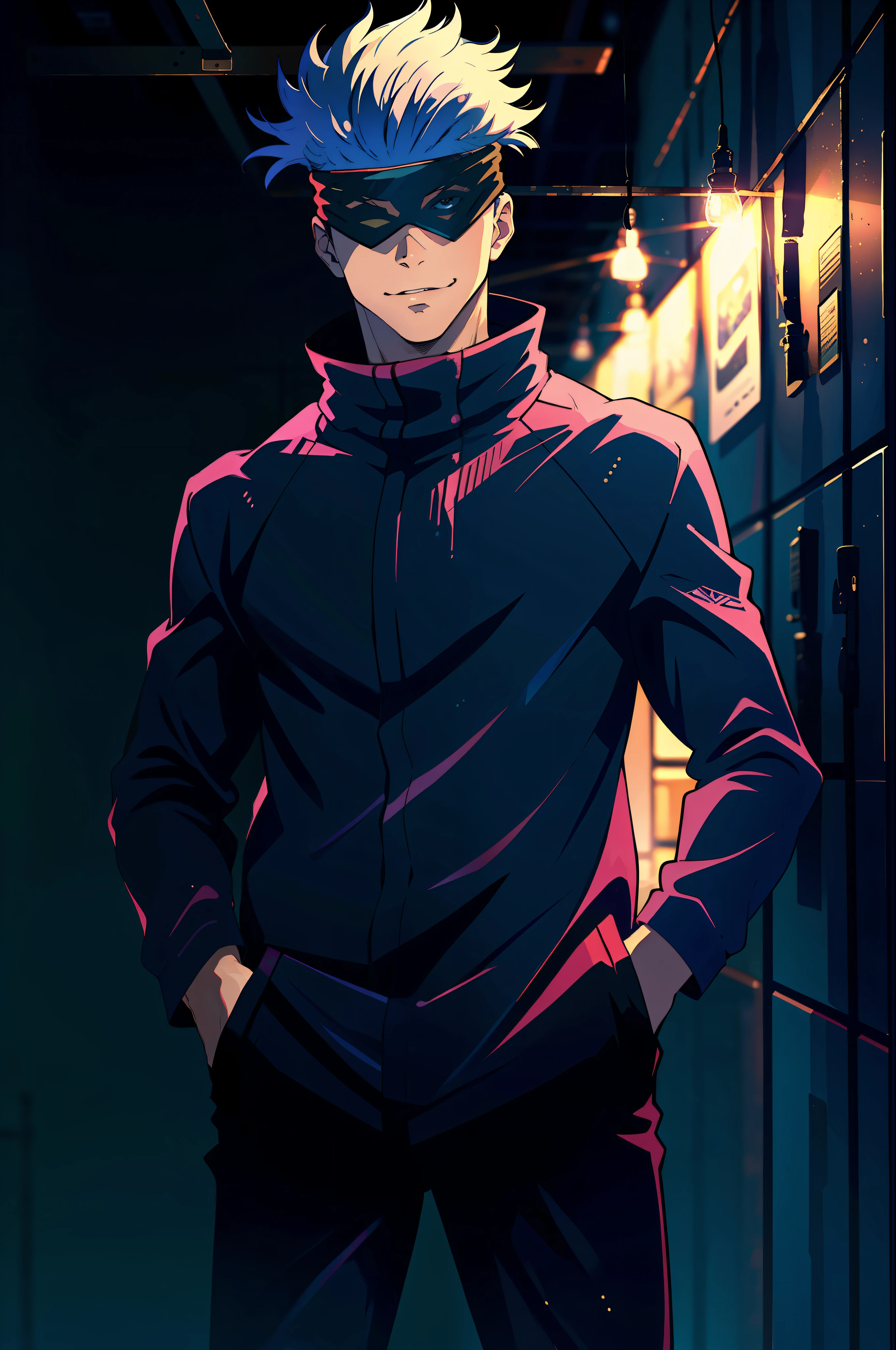 (masterpiece, best quality:1.2), cowboy shot, solo, male focus, 1boy, gojo satoru, smile, hands in pockets, blindfold, black jacket