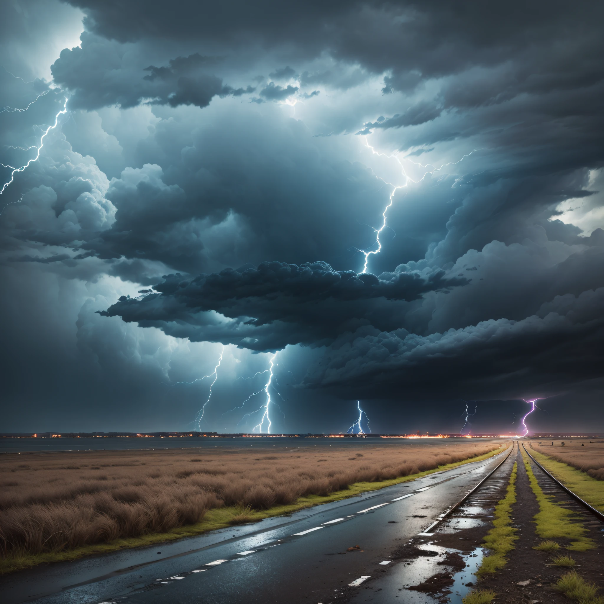 (masterpiece, best quality), ultra-realistic, stormy, apocalyptic scenery, lightning, dark clouds, high saturation, strong colors, desolation. --auto --s2