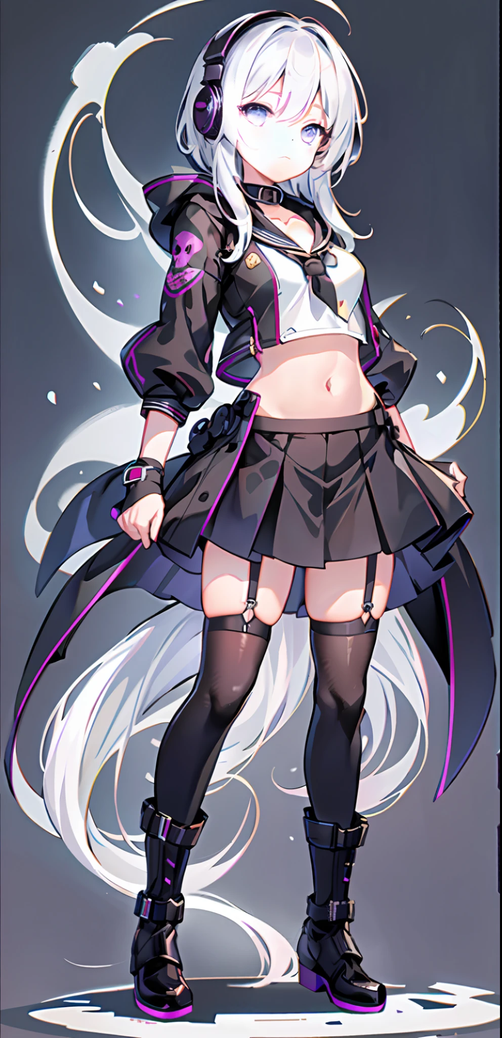 {{{Masterpiece}}}, {Very detailed CG Unity 8k wallpaper}, white hair, white purple eyes, all black clothes, skull hands, long hair, dead white, tactical vest, headphones, cute face, solo, face, skull arm, solo, illustrations, fantasy, navel, erotic clothing, lolie, pleated skirt, standing painting, full body, black boots, tachie, small and medium breasts, standing, dynamic pose, full body in pictures, clothes showing cleavage, short hair, cleavage, lace-up panties, Cute girl, black sailor suit, mesh coat, simple background, slender figure, slim figure