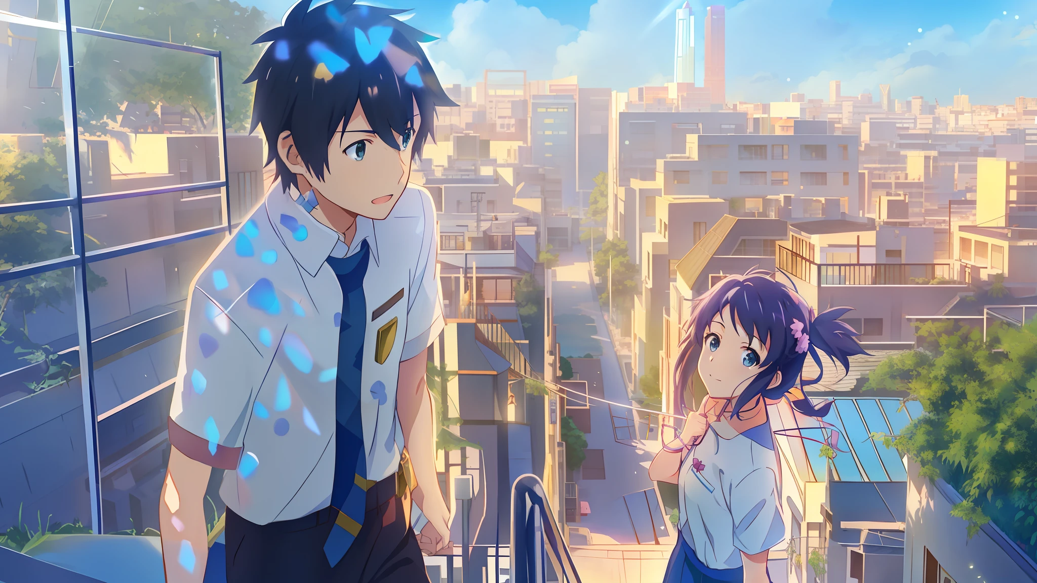 anime characters standing on a balcony overlooking a city, your name, kimi no na wa, your name movie style, ross tran and makoto shinkai, makoto shinkai movie, sakimichan and makoto shinkai, makoto shinkai and bioware, makoto shinkai. —h 2160, fiona staples and makoto shinkai