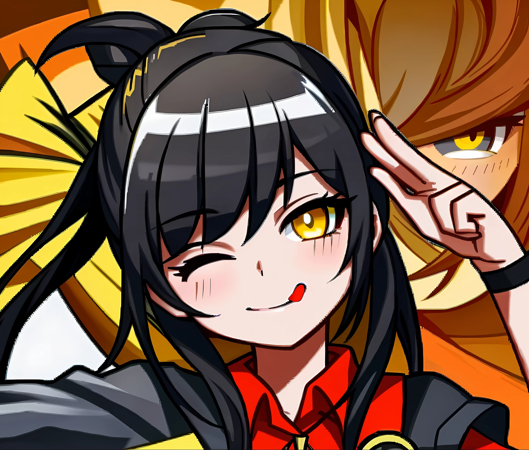 looking at viewer, smile, simple background, one eye closed, tongue, tongue out, close-up, salute, two-finger salute, (masterpiece, best quality:1) girl, black hair, ponytail, yellow eyes, black jacket, red shirt