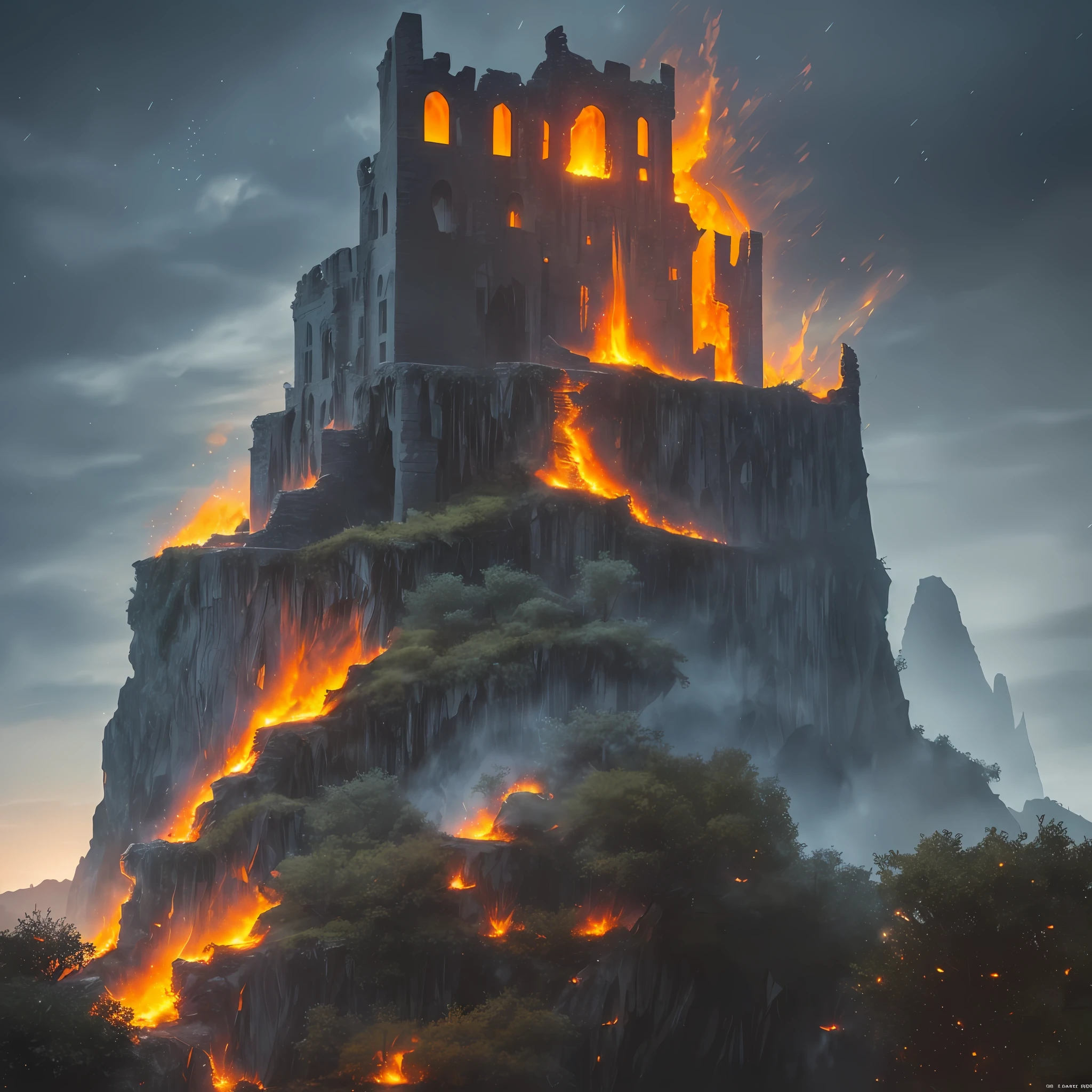 Extensive landscape computer ultra photography (general view, which shows a ruined stone tower, (detailed description of the tower), sky, frozen reflection (detailed), clouds (detail), as well as dawn (detail), lake (detail), stone details of the tower, destroyed surface of the tower, one gray-haired guy in a shirt and trousers (1: 3), (ultradetailed description of appearance), stone dust, burning tower (dripping fire 1: 2), (falling stones: 0.9), (fire:  1.3), sand, stones, fire stones, lava, ruined tower BREAK production art, (cold light source:1.2), (Firefly:1.2), fire particles, dark, red, yellow and orange, complex details, volumetric lighting, realism BREAK (masterpiece:1.2), (best quality), 4k, ultra-detailed, (dynamic composition: 1.4), high detailed, colorful details, (gloomy colors: 1.2), (luminous lighting, atmospheric lighting), gloomy, dark, magical, --auto --s2